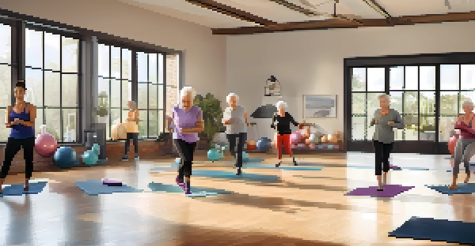 A group of senior participants in a fitness class, practicing gentle stretches with resistance bands and light weights under the guidance of a smiling instructor in a bright, clutter-free room.