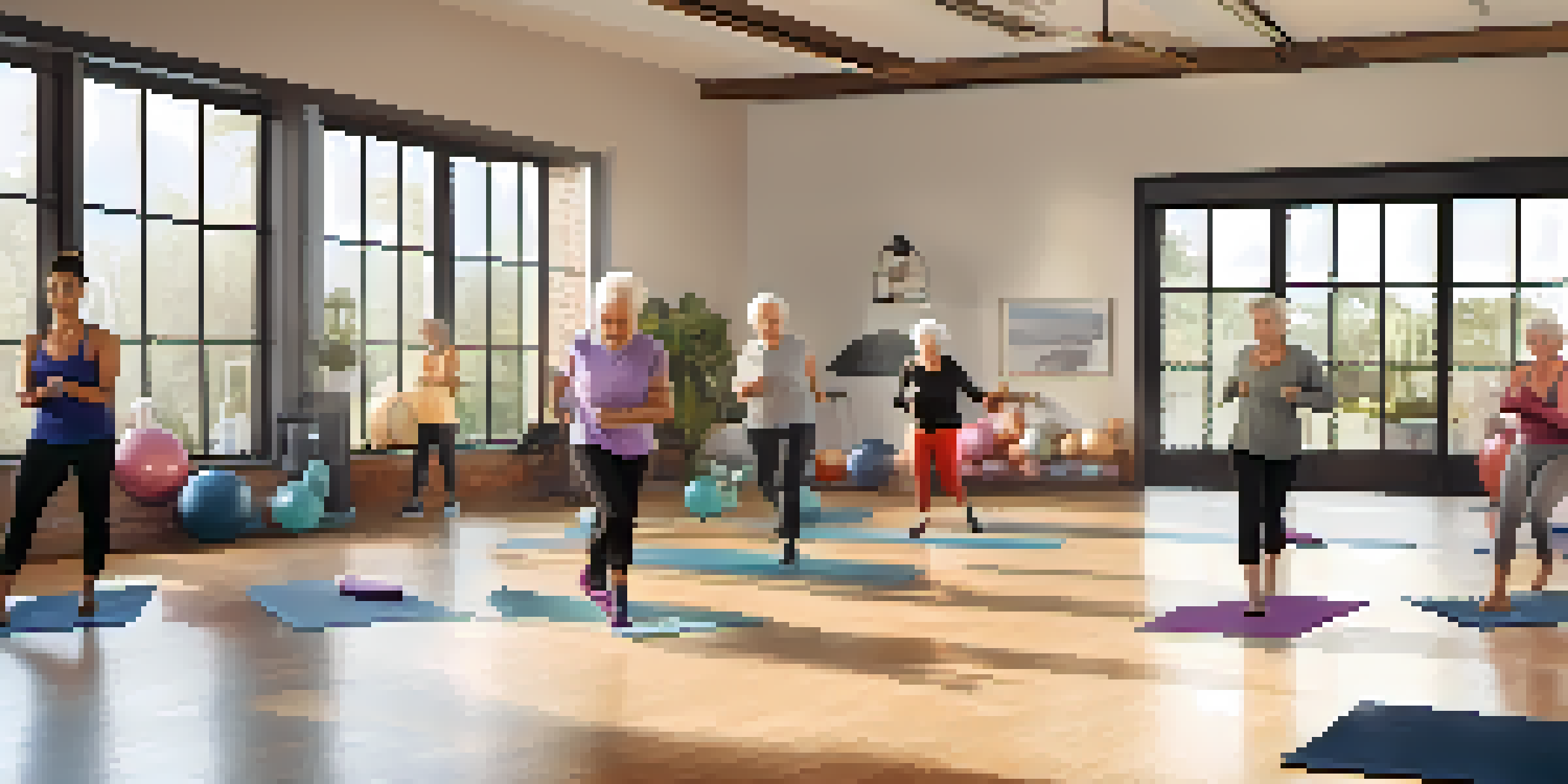 A group of senior participants in a fitness class, practicing gentle stretches with resistance bands and light weights under the guidance of a smiling instructor in a bright, clutter-free room.