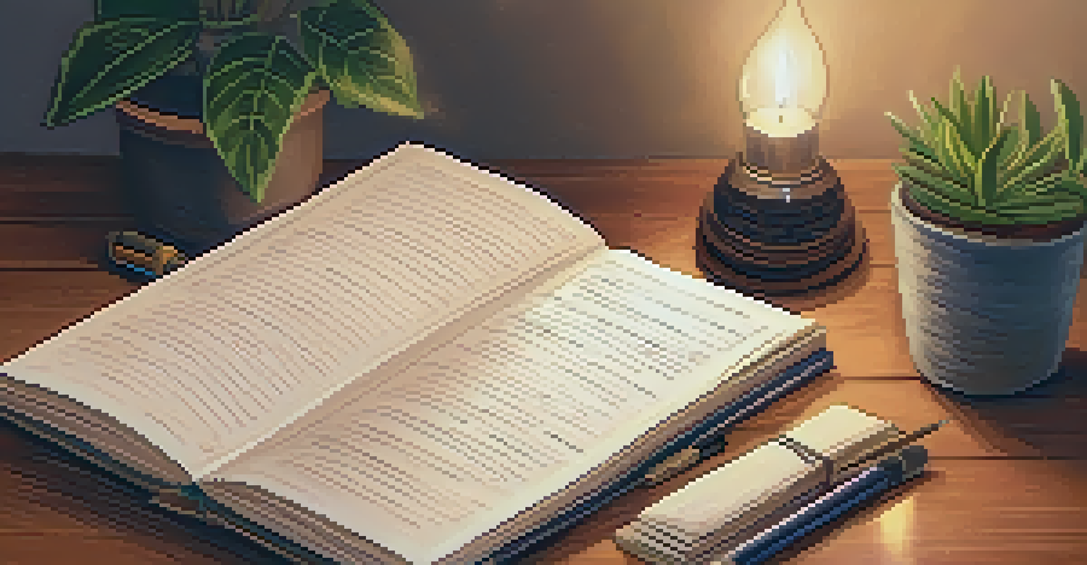 An open journal on a wooden desk with writing tools and a candle, creating a peaceful environment for evening reflection.