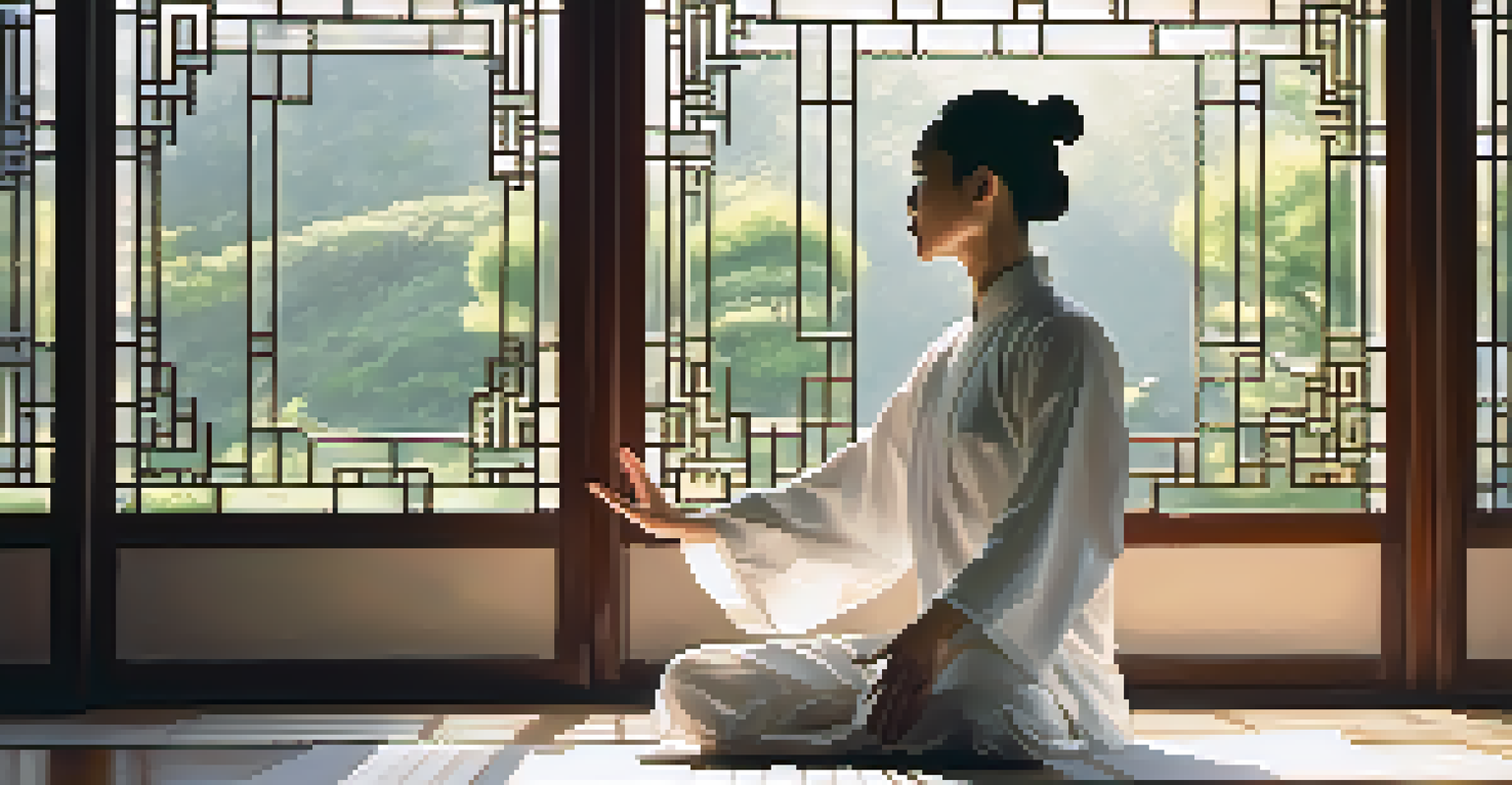 Close-up of a person practicing Tai Chi indoors, with hands in a graceful position and soft natural light.