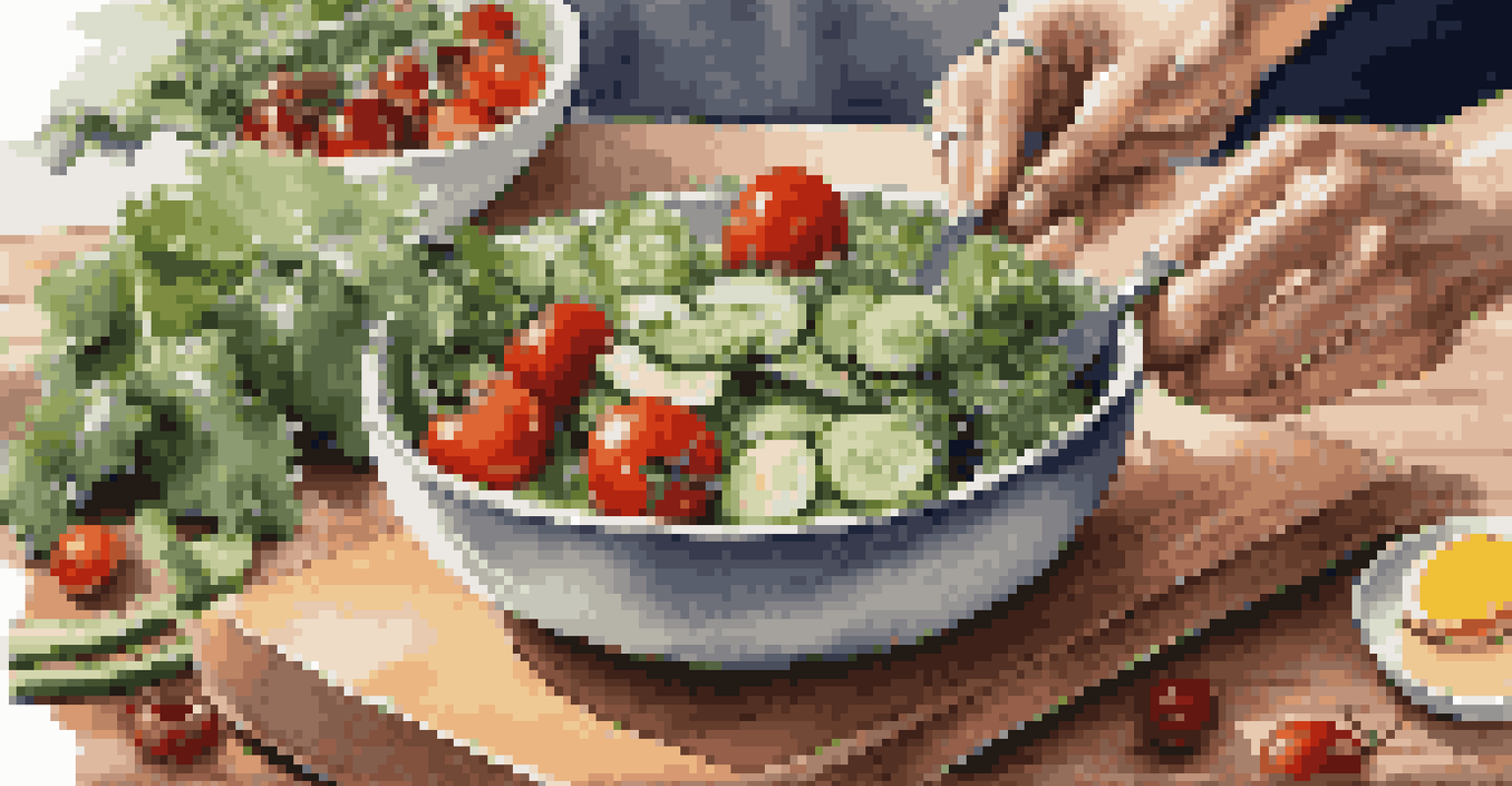 A close-up of a colorful salad being prepared with fresh ingredients on a wooden cutting board, and a hand adding olive oil in the background.