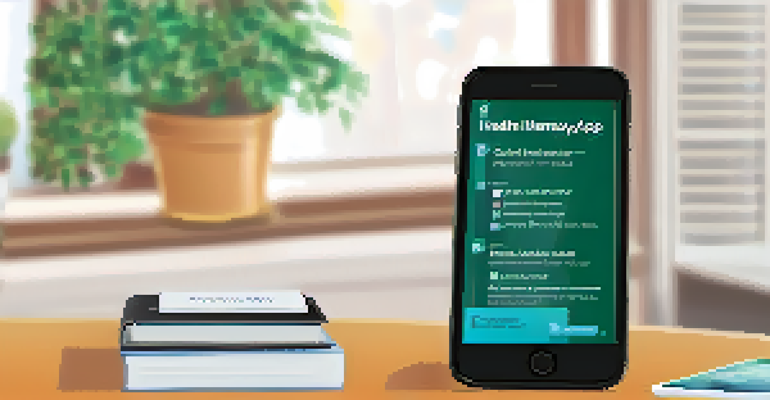 A smartphone displaying a health literacy app with easy-to-read text and engaging graphics, set in a cozy home environment.