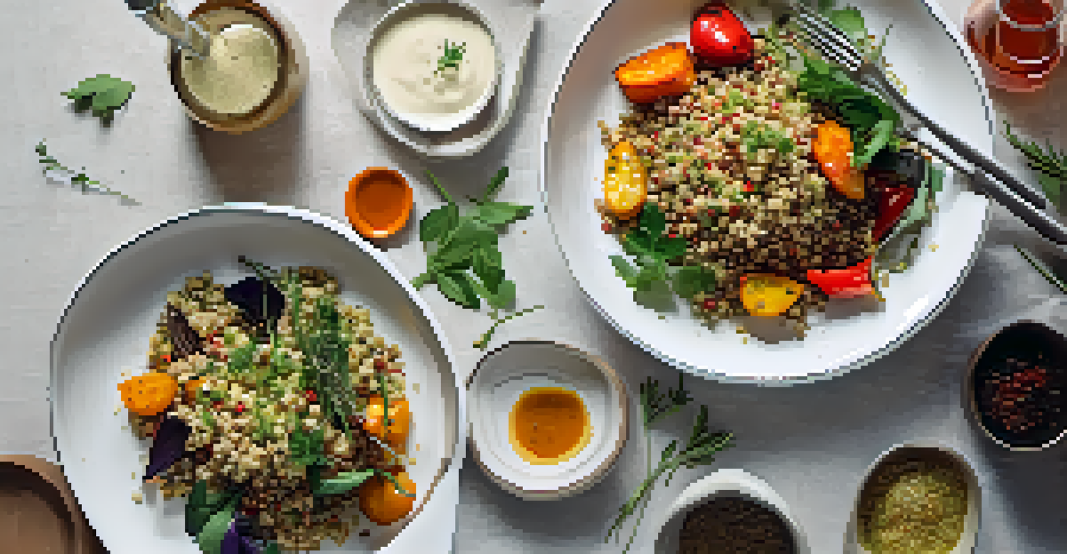 An overhead shot of a colorful plate of quinoa and roasted vegetables, presented elegantly on a textured white plate.