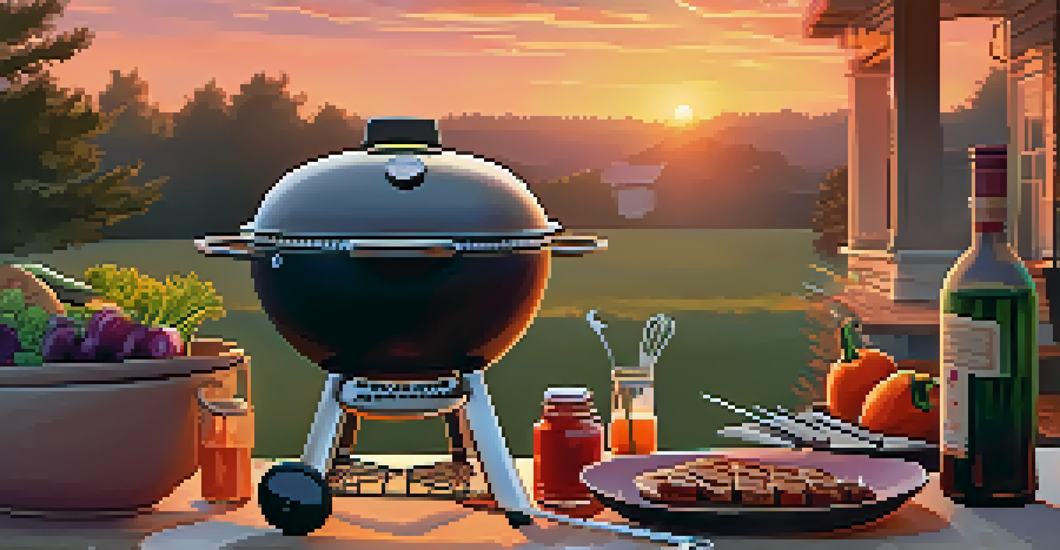 A backyard grill setup at sunset with grilling tools and fresh vegetables.