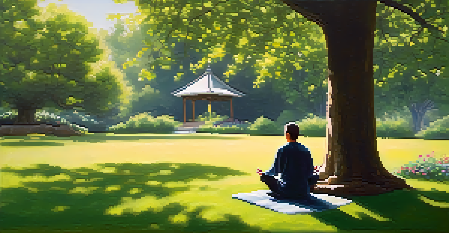 A man meditating under a tree in a peaceful garden, surrounded by blooming flowers and soft grass.