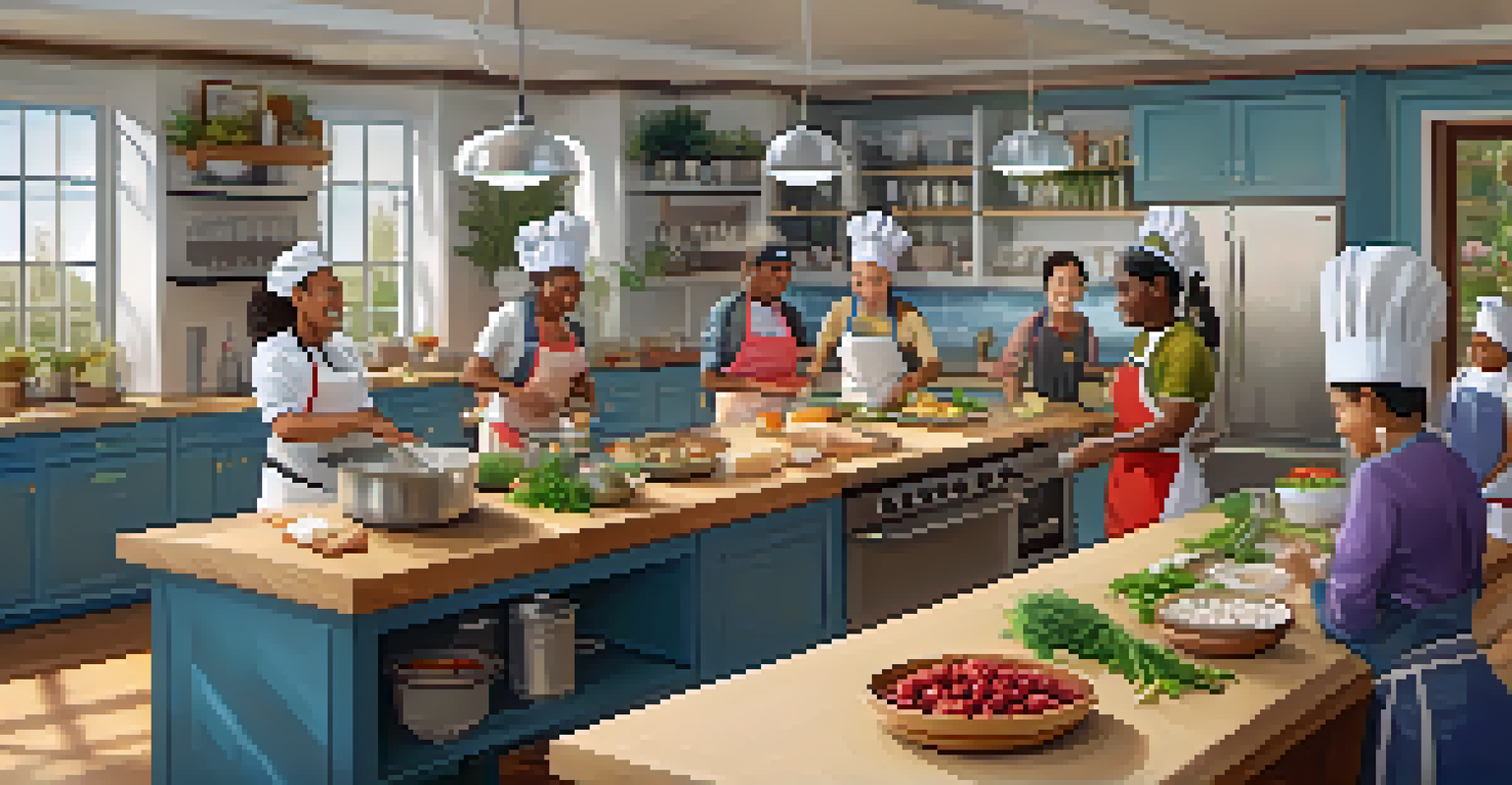A community cooking class with diverse individuals preparing allergen-free meals in a bright kitchen, filled with teamwork and laughter.