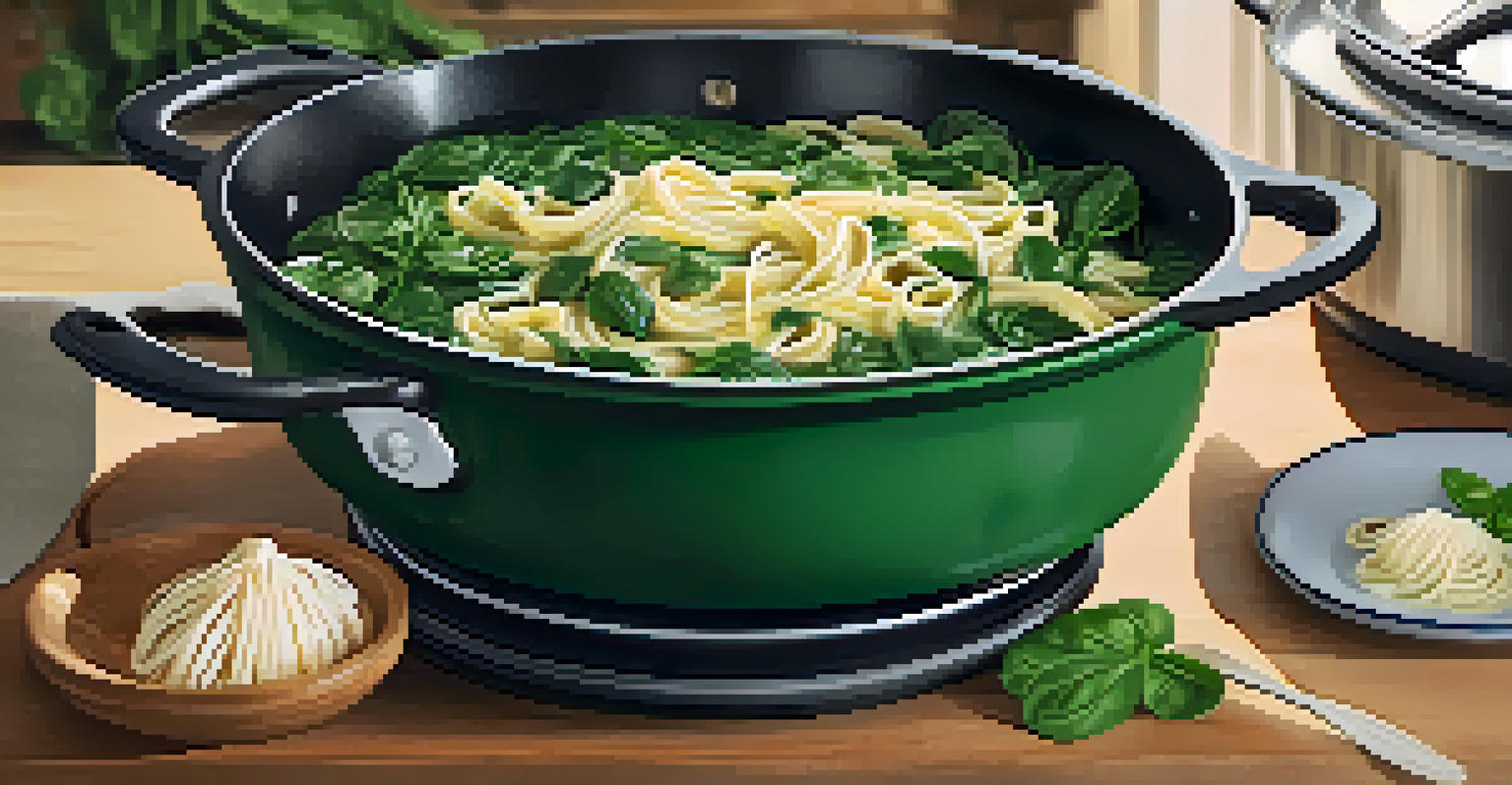 A cast-iron pot filled with garlic spinach pasta, with sautéed garlic and fresh spinach, set in a cozy kitchen.