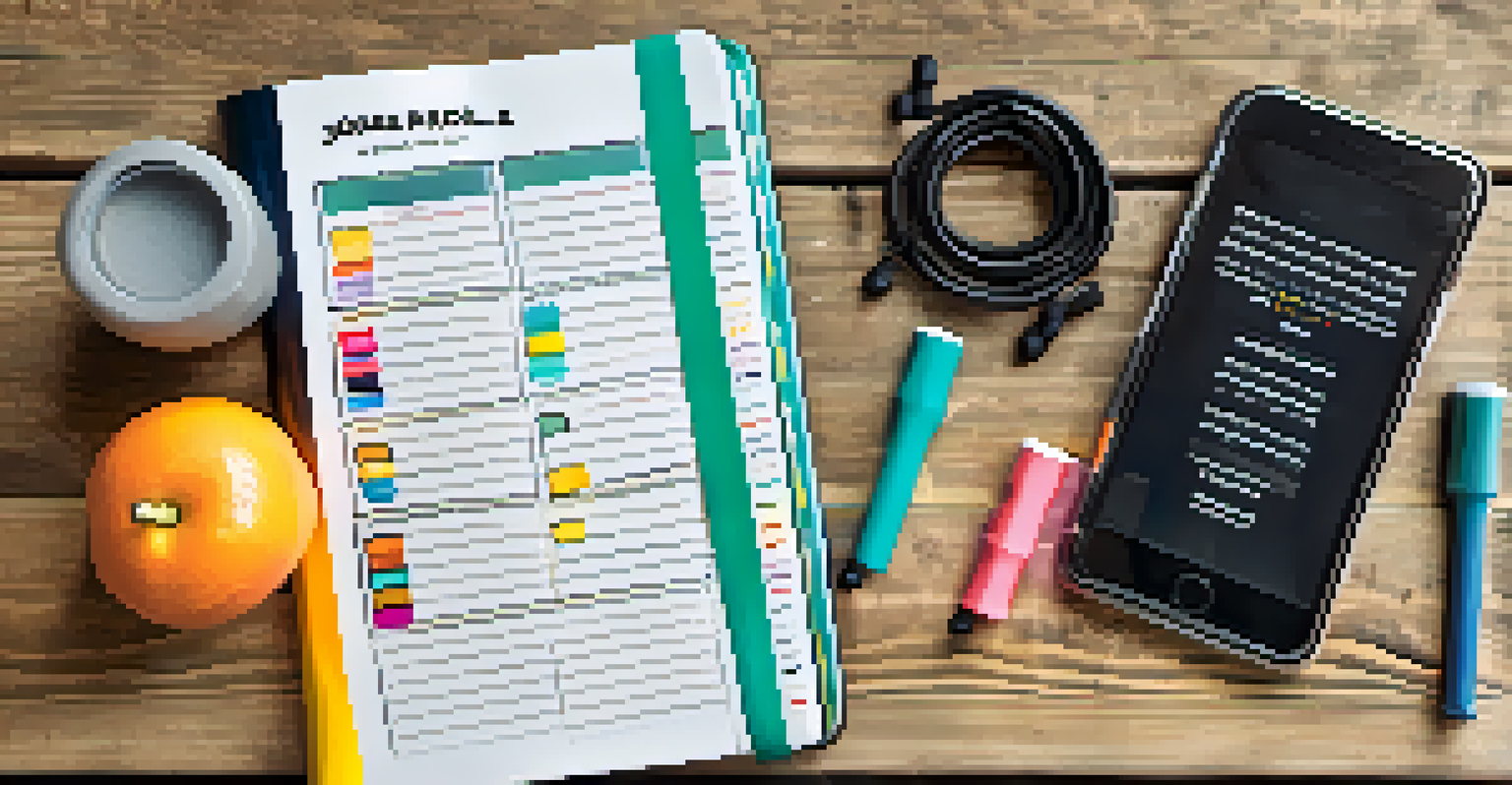 A flat lay of a fitness journal with progress tracking notes, surrounded by workout gear and a healthy snack, on a rustic wooden table.