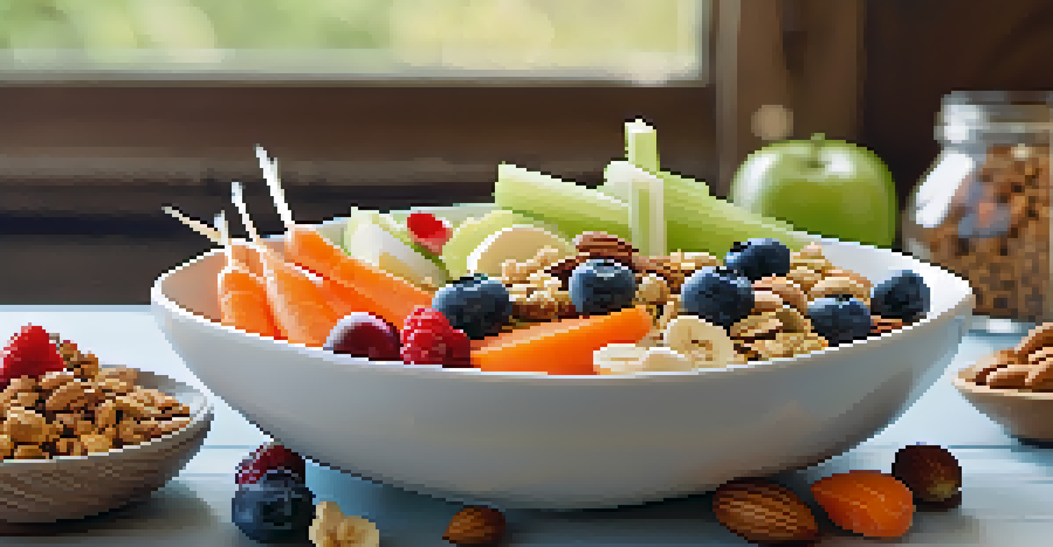 A variety of healthy snacks including nuts, yogurt with granola, and vegetable sticks on a wooden table.