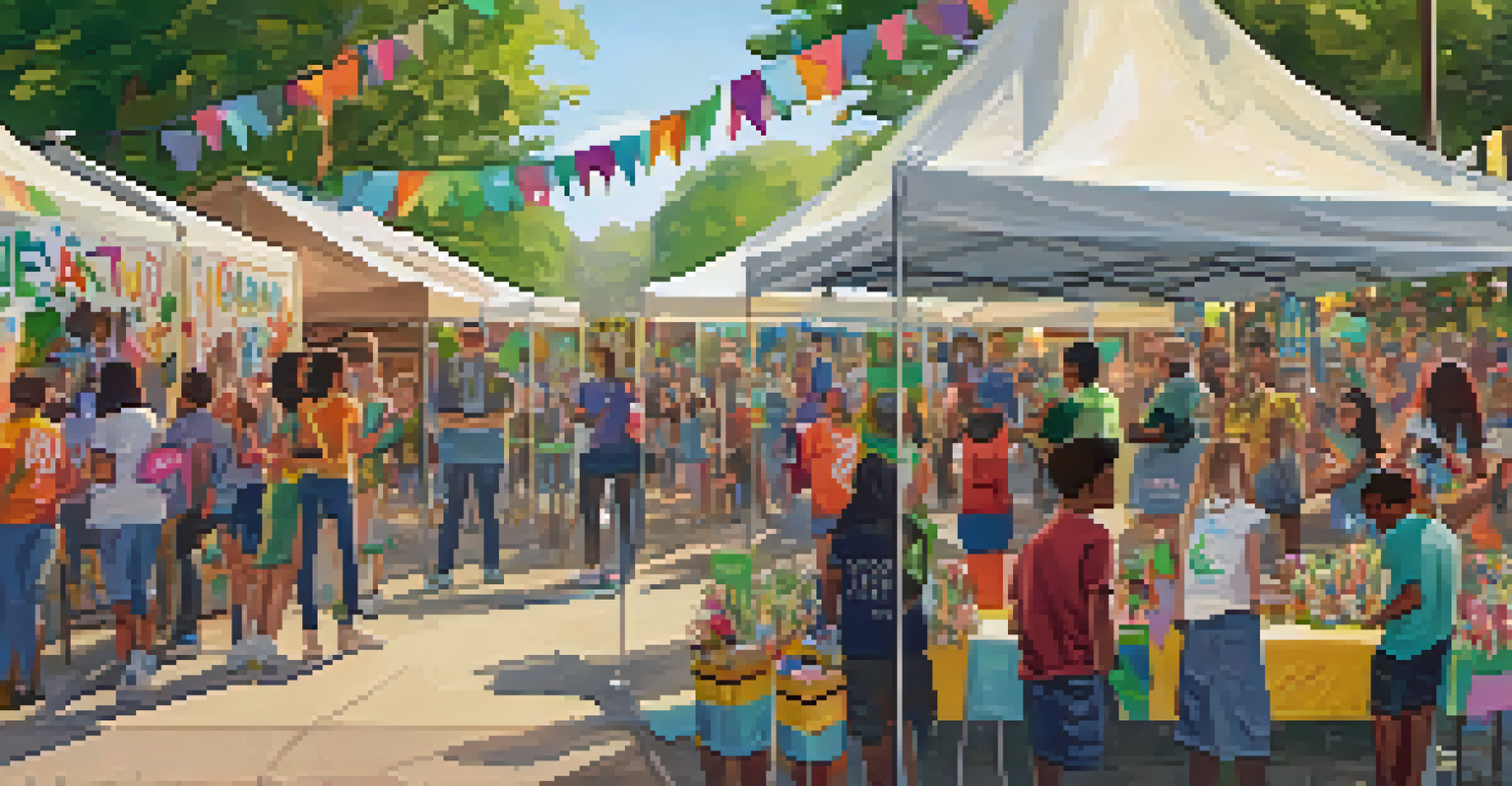 An outdoor community event with booths for mental health awareness, where young people are engaging with volunteers and participating in activities.