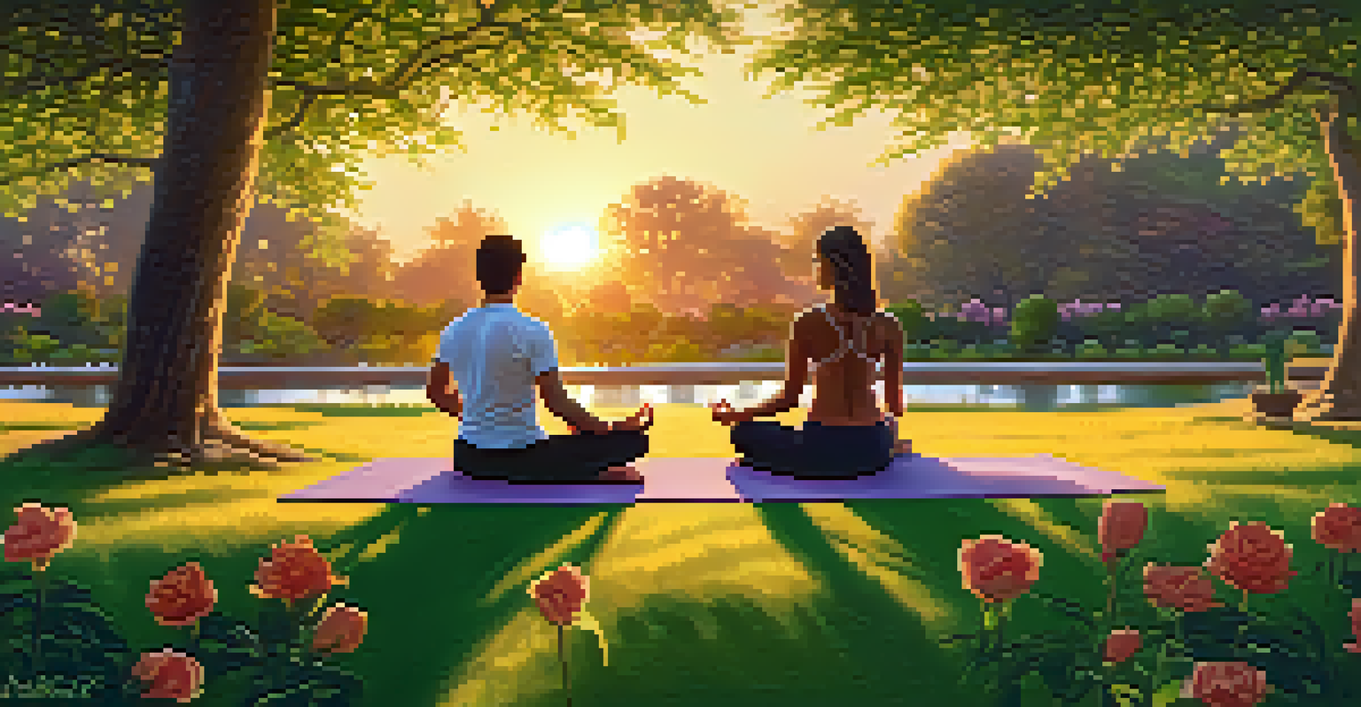 A couple practicing yoga in a peaceful park at sunset, surrounded by nature.