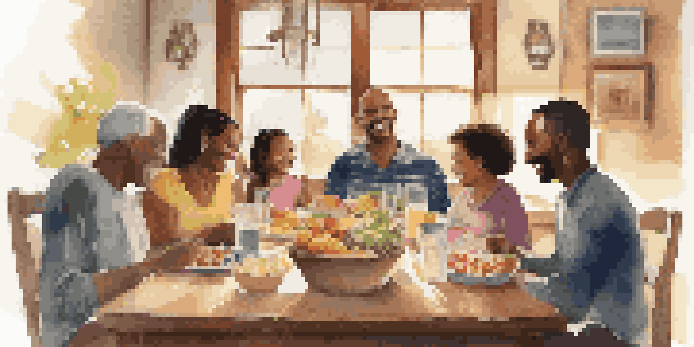 A diverse family sitting around a wooden dining table, engaging in a meeting with warm expressions in a well-lit room.