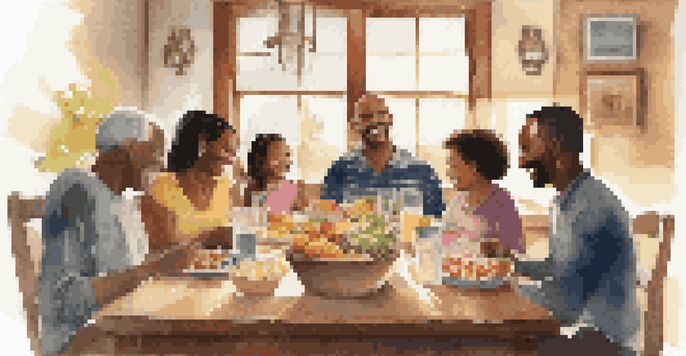 A diverse family sitting around a wooden dining table, engaging in a meeting with warm expressions in a well-lit room.