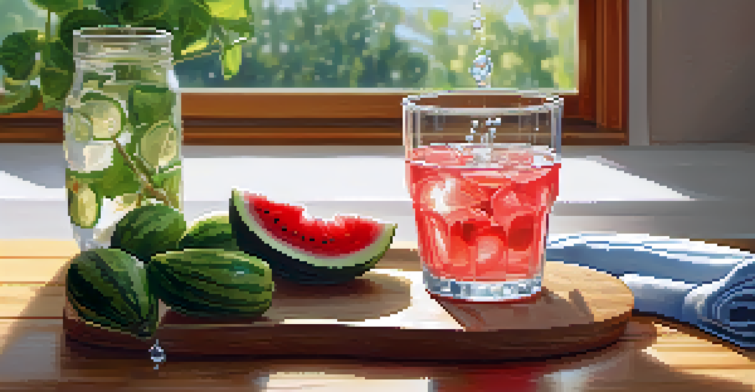 A clear glass of water with droplets on a wooden table, surrounded by bright kitchen decor and hydrating fruits.