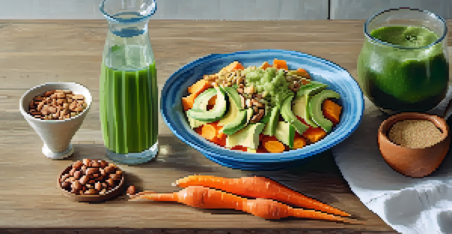 A still life of healthy foods including nuts, avocado toast, colorful vegetables, and a glass of water with cucumber slices.