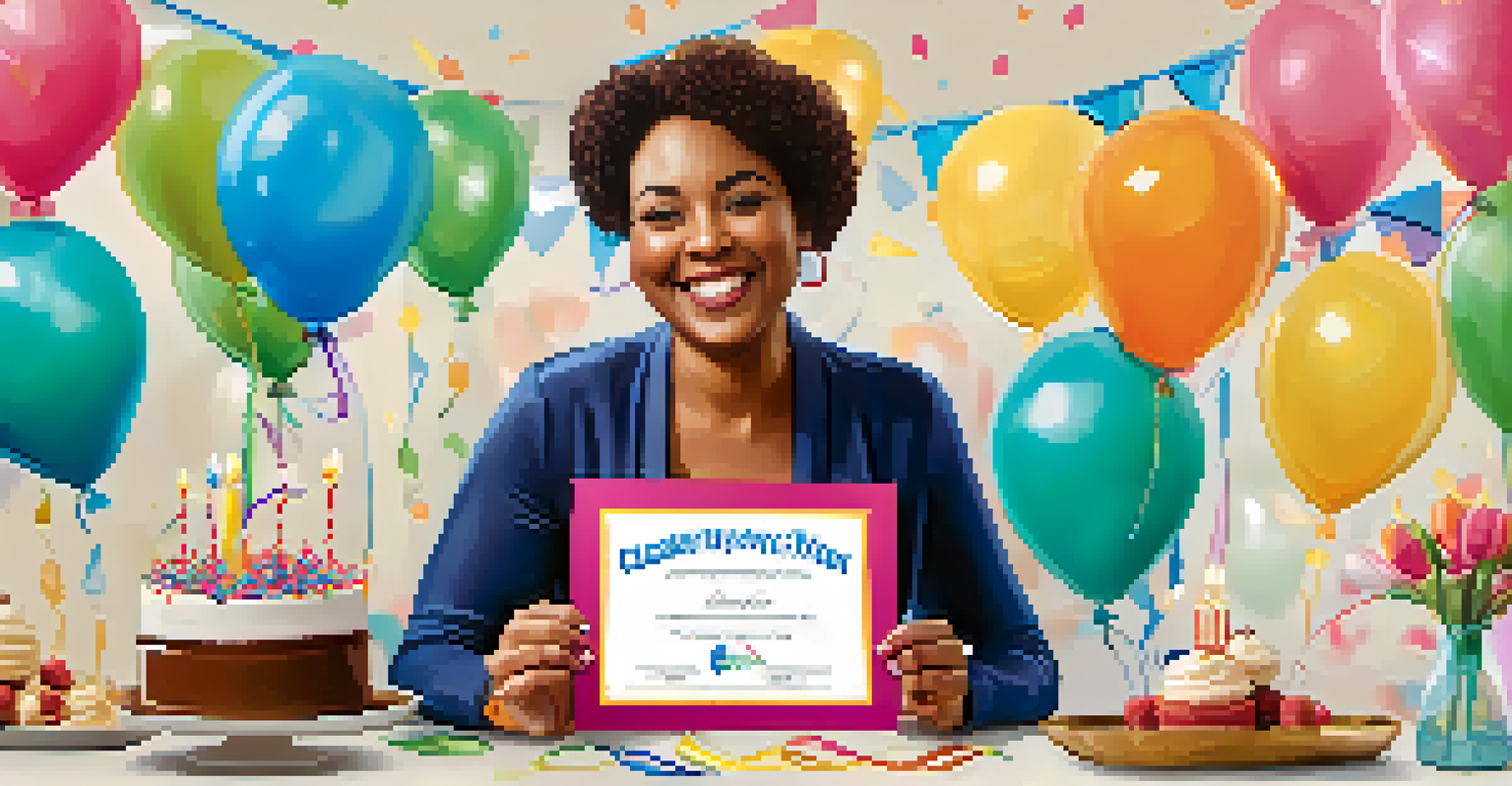 A client celebrating a wellness milestone, holding a certificate with balloons and a small cake in a festive setting.