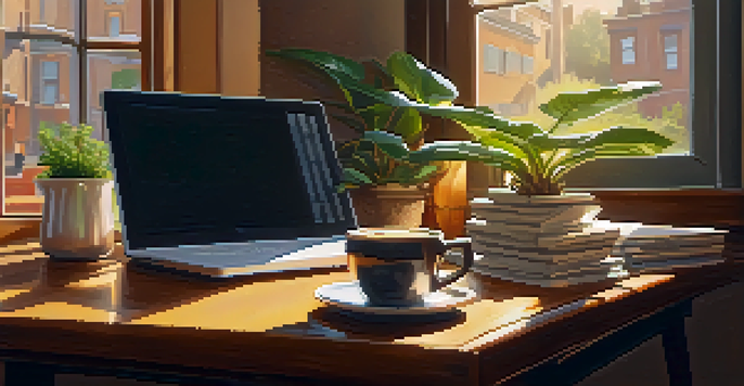 A steaming cup of coffee on a wooden table in a cozy coffee shop, with books and a laptop, illuminated by warm afternoon sunlight.