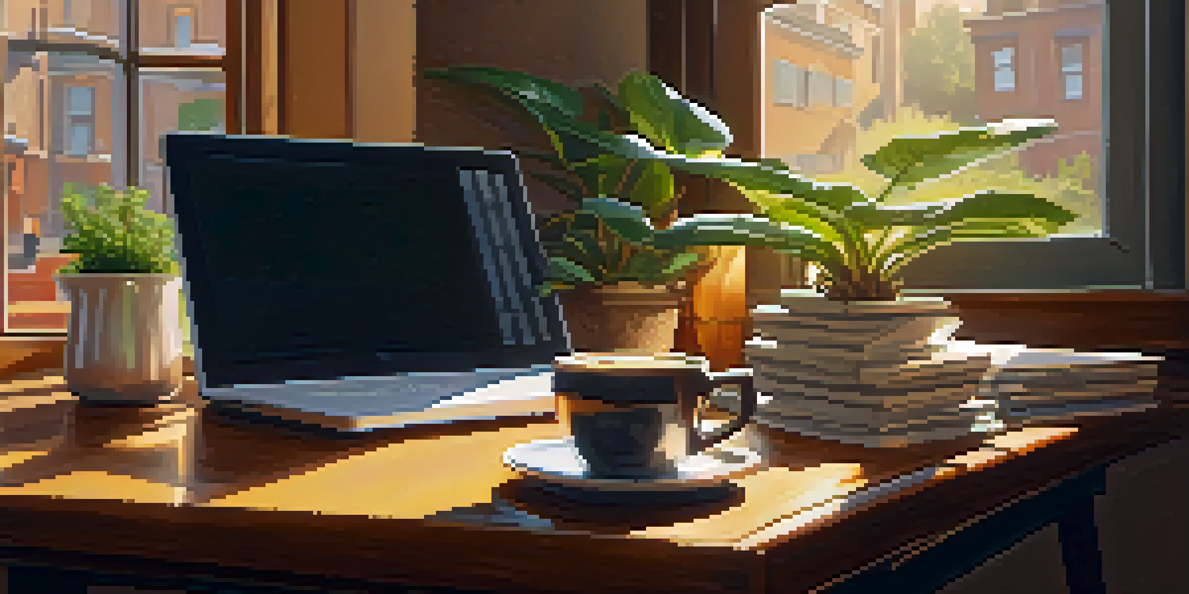 A steaming cup of coffee on a wooden table in a cozy coffee shop, with books and a laptop, illuminated by warm afternoon sunlight.