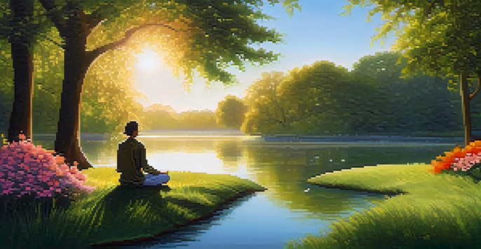 A peaceful park at sunrise with a pond, trees, flowers, and a person meditating on the grass.