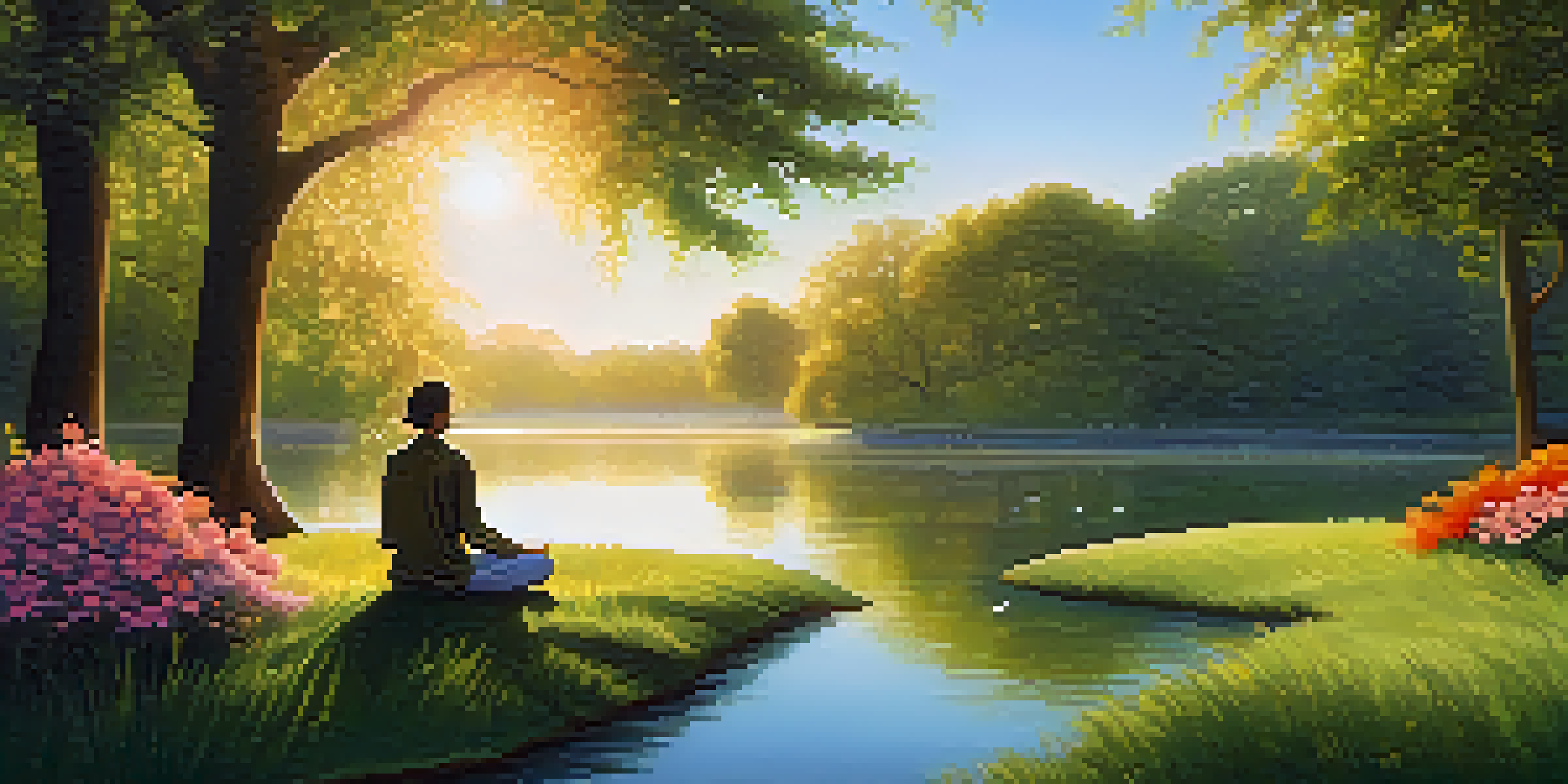 A peaceful park at sunrise with a pond, trees, flowers, and a person meditating on the grass.