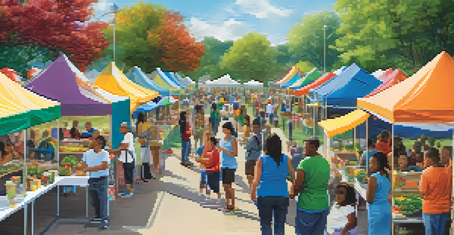 A lively community health fair with wellness booths, featuring cooking demonstrations, fitness assessments, and people engaging happily in various activities.