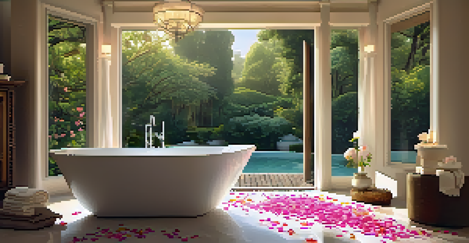 A luxurious bathtub with flower petals and candles, alongside essential oils, creating a relaxing spa-like environment.