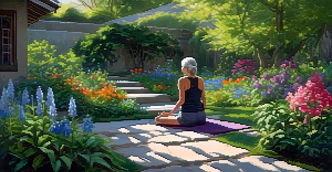 A mature individual practicing mindfulness in a colorful garden, surrounded by flowers and greenery, with sunlight filtering through the leaves.