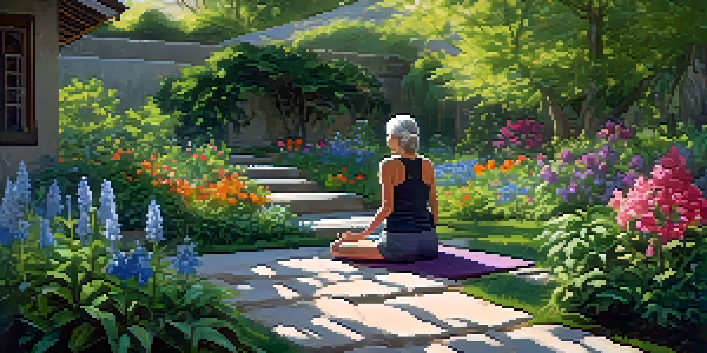 A mature individual practicing mindfulness in a colorful garden, surrounded by flowers and greenery, with sunlight filtering through the leaves.