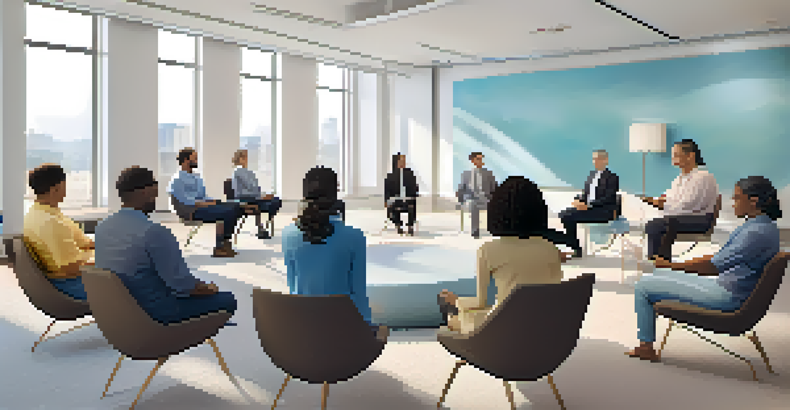 A diverse group of employees participating in a mindfulness session in a conference room, creating a supportive workplace atmosphere.