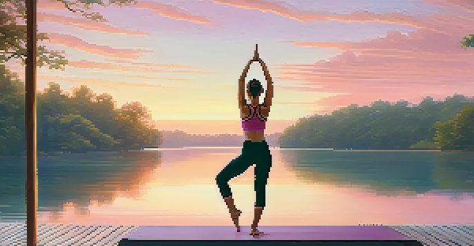 A person practicing yoga at sunrise on a wooden deck by a calm lake, surrounded by trees and a colorful sky.