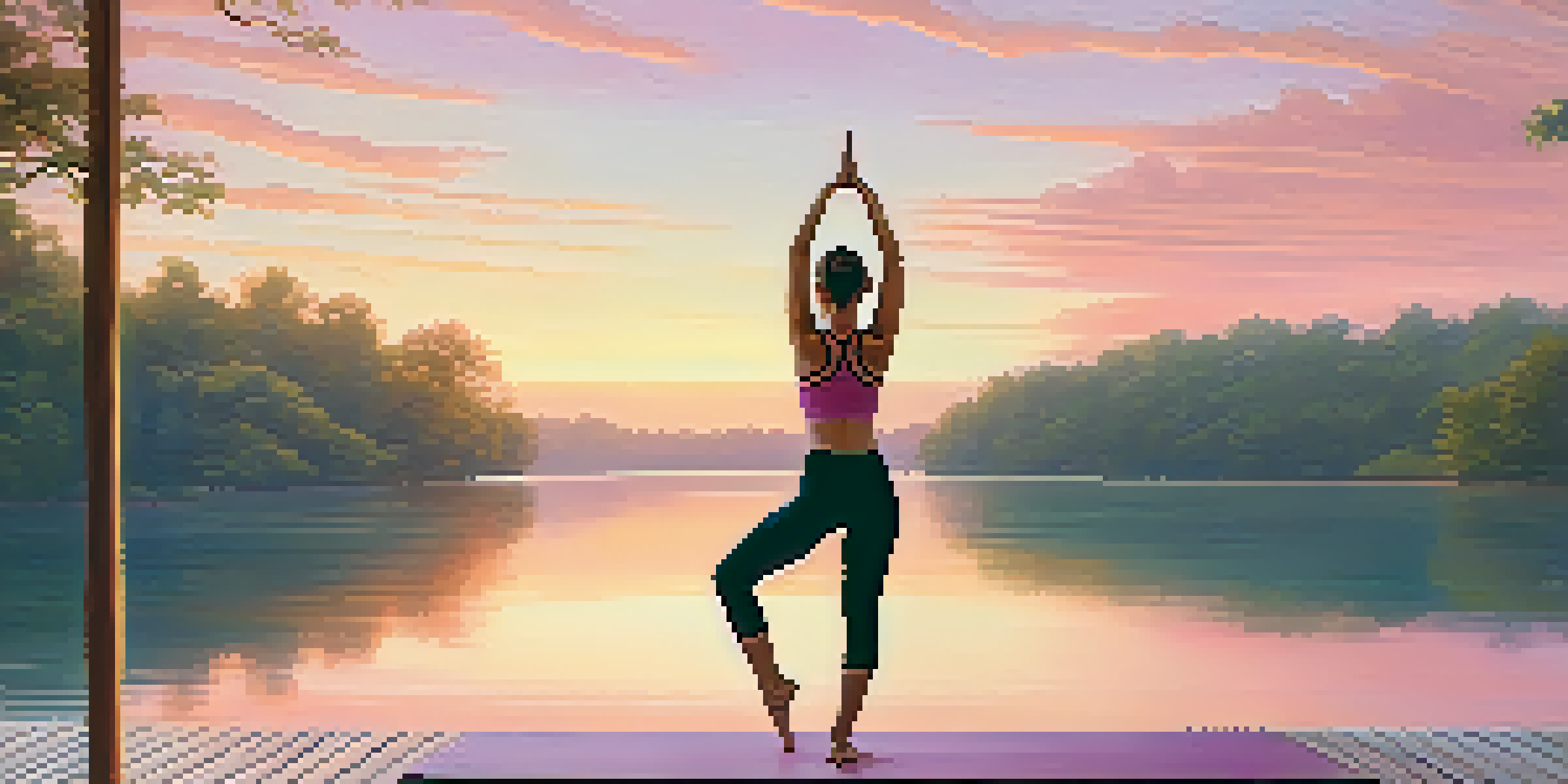 A person practicing yoga at sunrise on a wooden deck by a calm lake, surrounded by trees and a colorful sky.