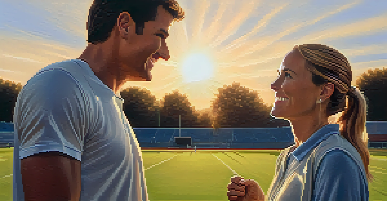 A coach and athlete discussing supportively on a sports field during sunset.