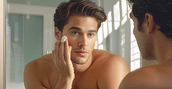 A man applying sunscreen to his face while looking in a mirror, emphasizing skincare for men.