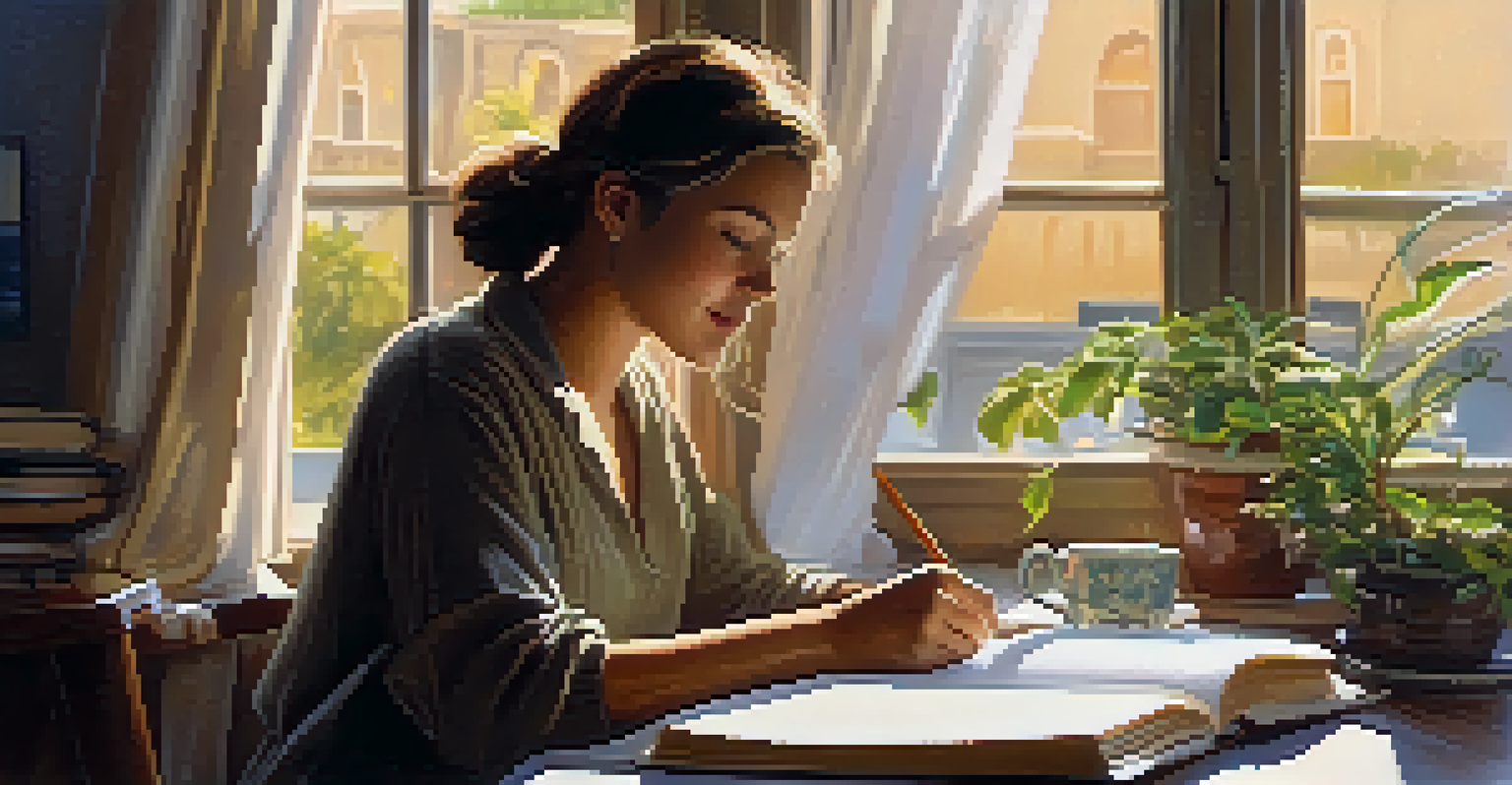 A person journaling by a window with a cup of tea, books, and a potted plant in a cozy indoor setting.