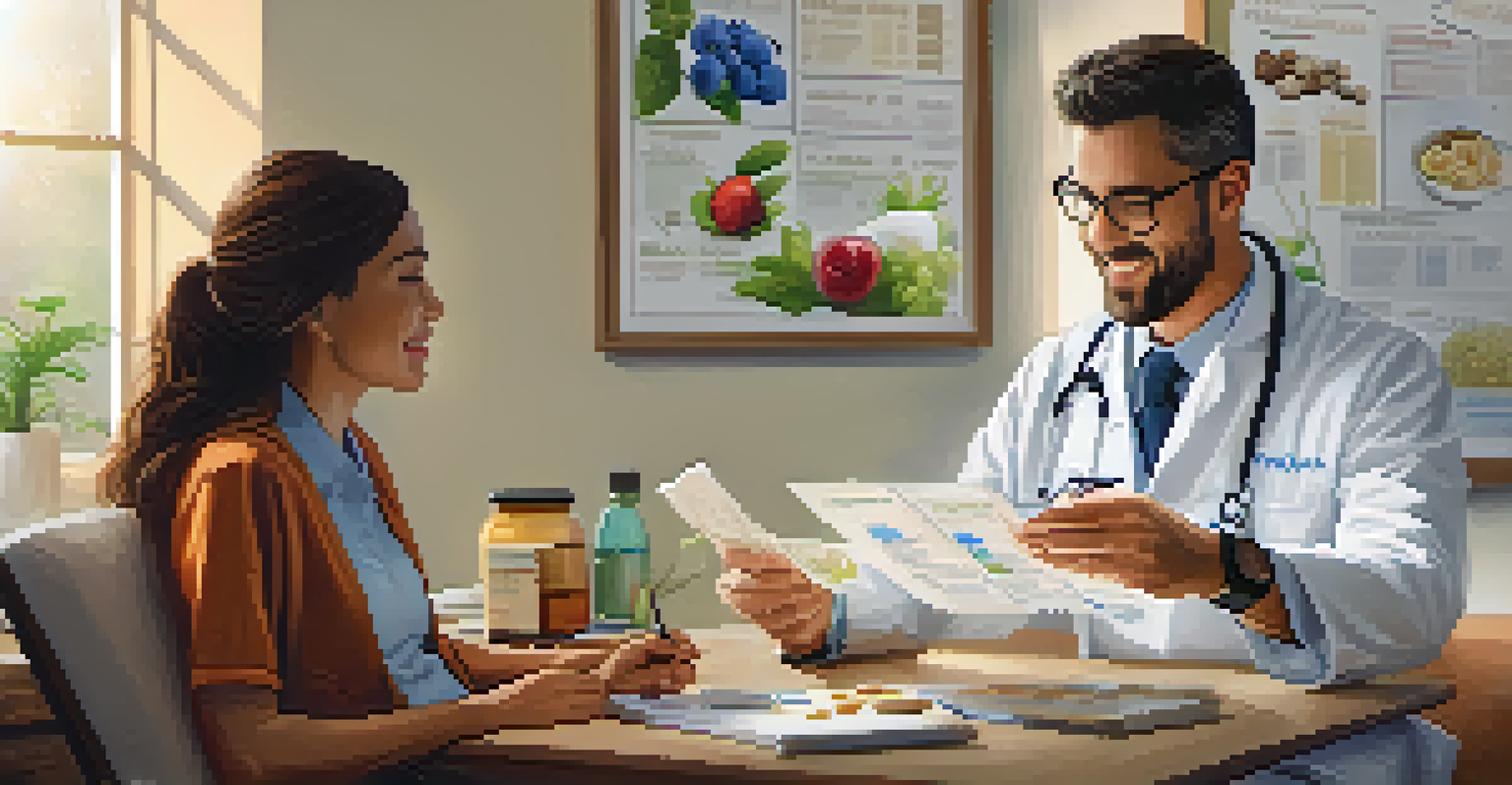 A healthcare professional discussing nutritional supplements with a patient in a warm, inviting office.