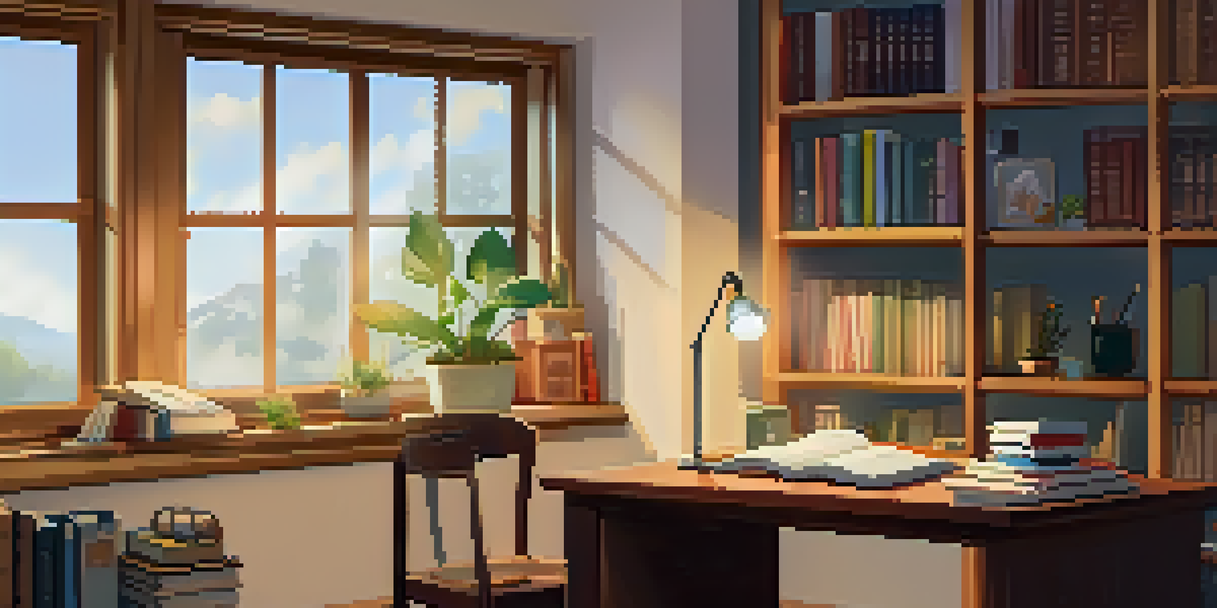 A cozy study space with a wooden desk, open textbooks, a cup of tea, and a potted plant, illuminated by warm light from a lamp and natural light from a window.