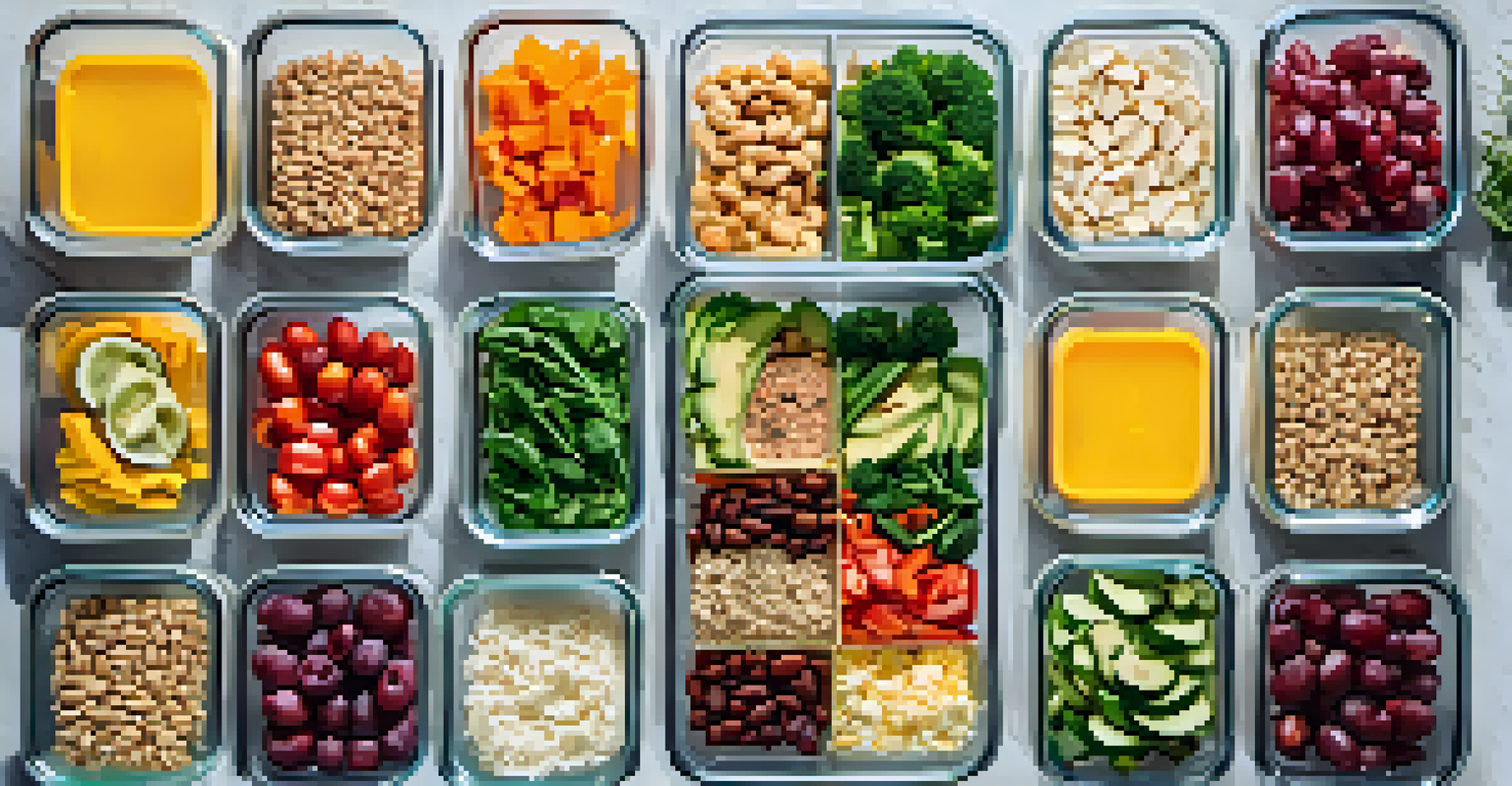 An organized fridge with colorful, labeled meal prep containers filled with healthy meals, viewed from above.