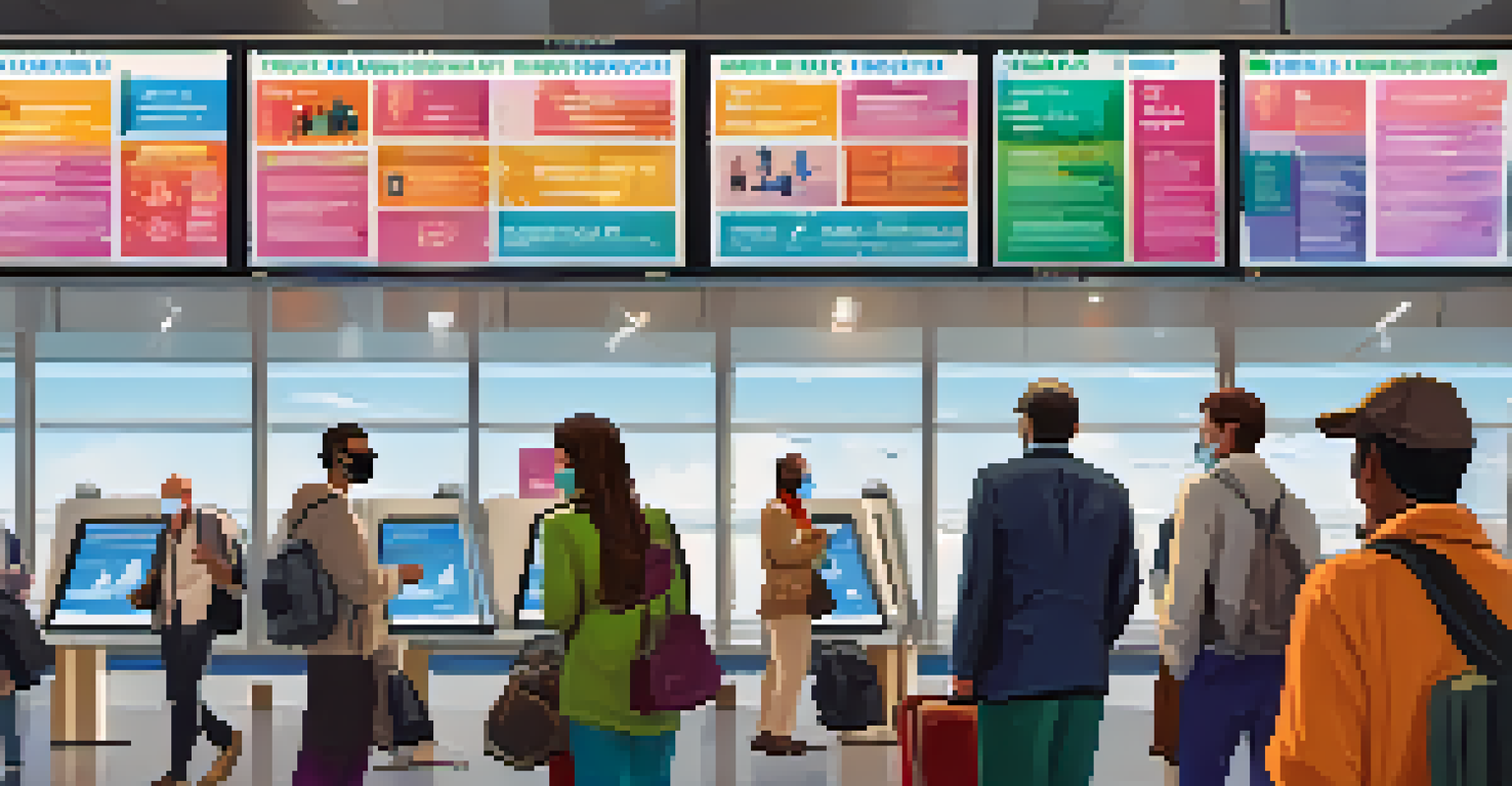 An airport advisory board showing health guidelines and travel restrictions, with travelers maintaining distance.