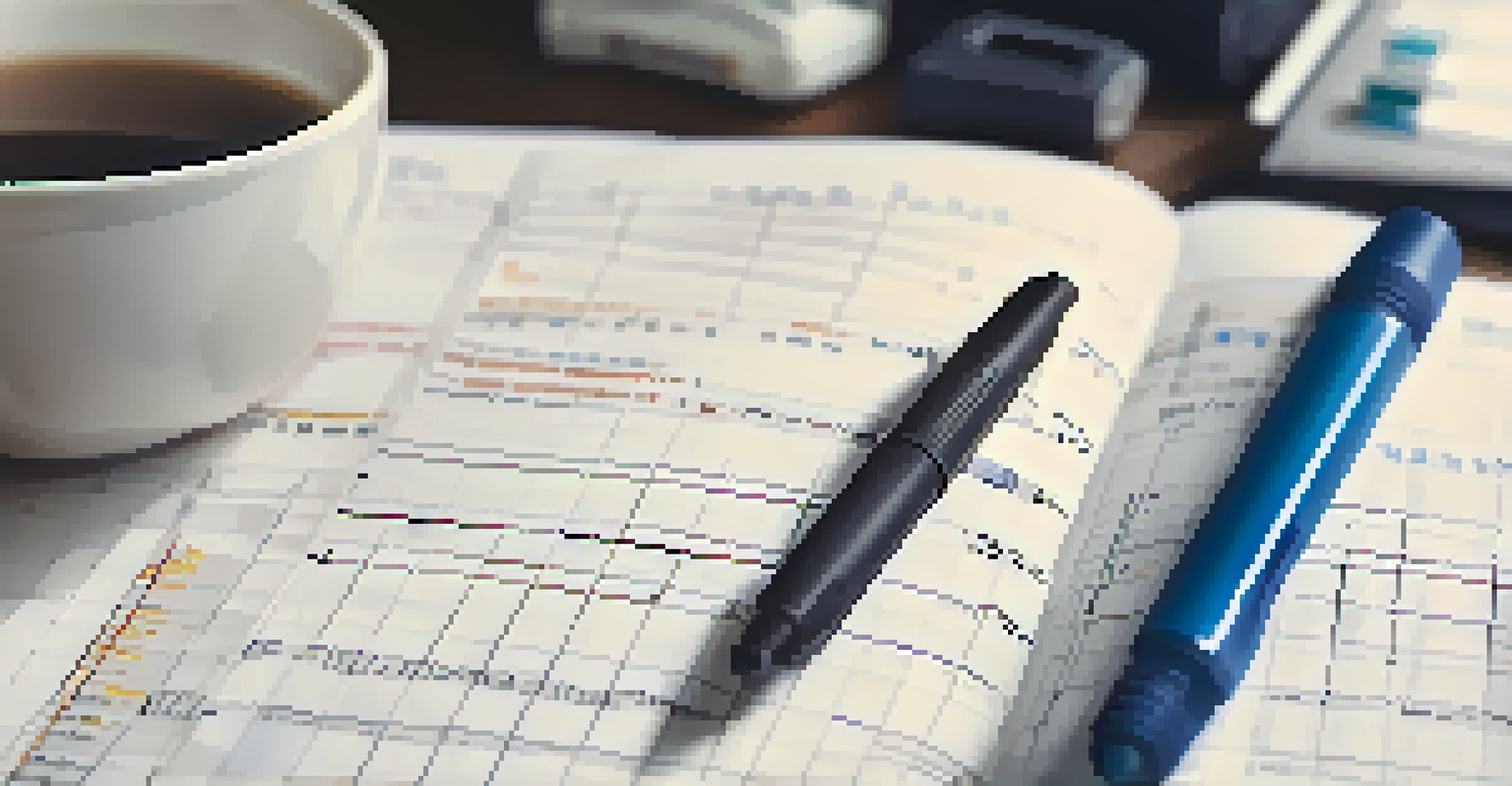 A hand writing in a fitness journal with graphs and motivational quotes, blurred gym equipment in the background.