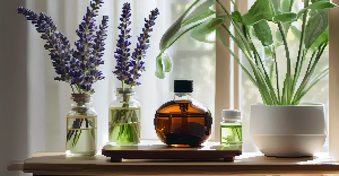 A calming home interior with a diffuser releasing lavender mist, warm lighting, and decorative plants.