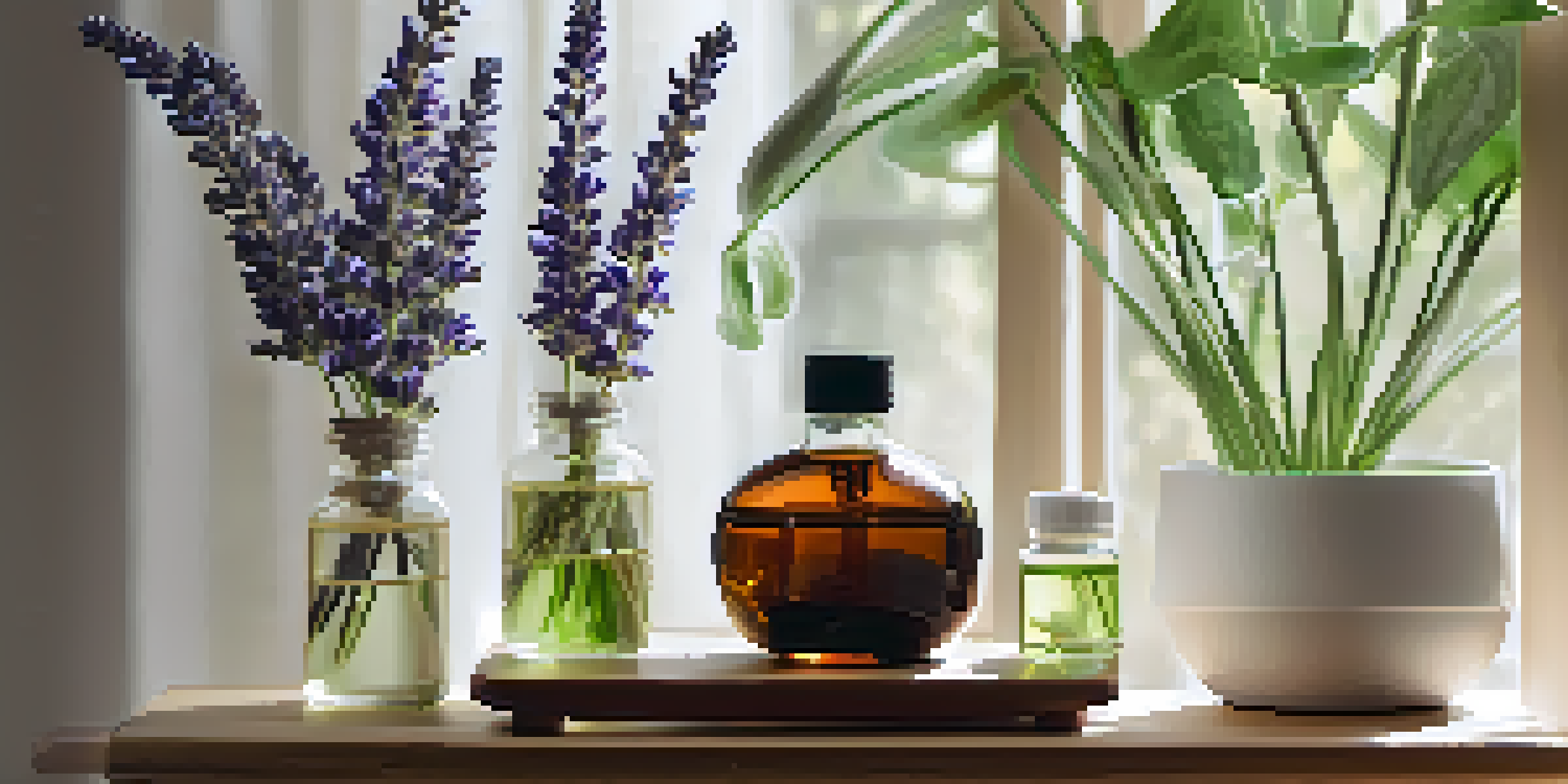 A calming home interior with a diffuser releasing lavender mist, warm lighting, and decorative plants.