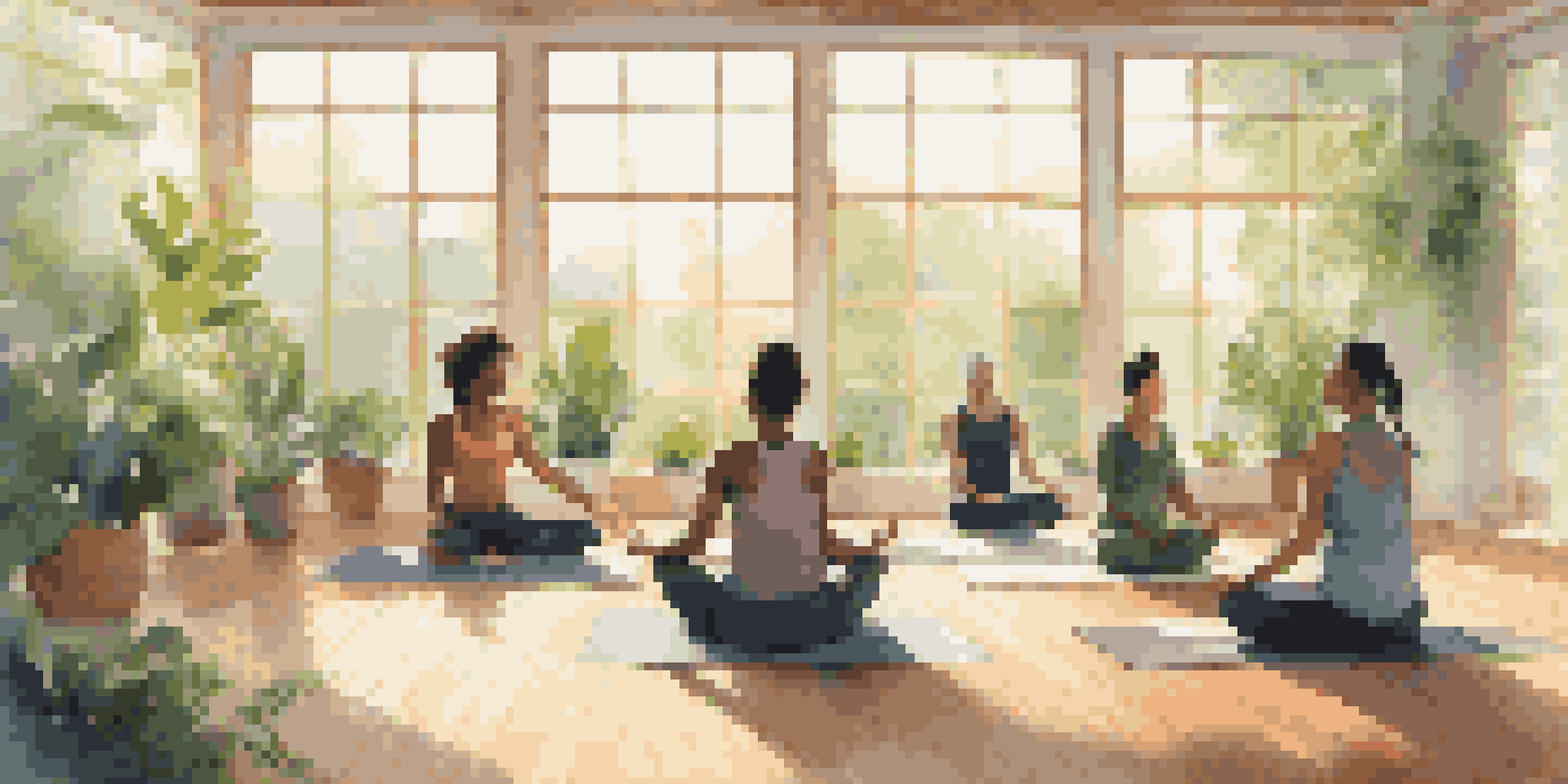 A group of diverse individuals sitting in a circle on yoga mats in a sunlit room, practicing mindfulness with their eyes closed.