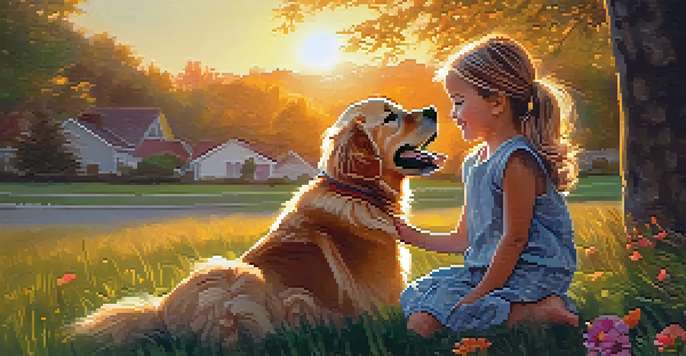 A child sitting on grass, petting a golden retriever with a sunset in the background.