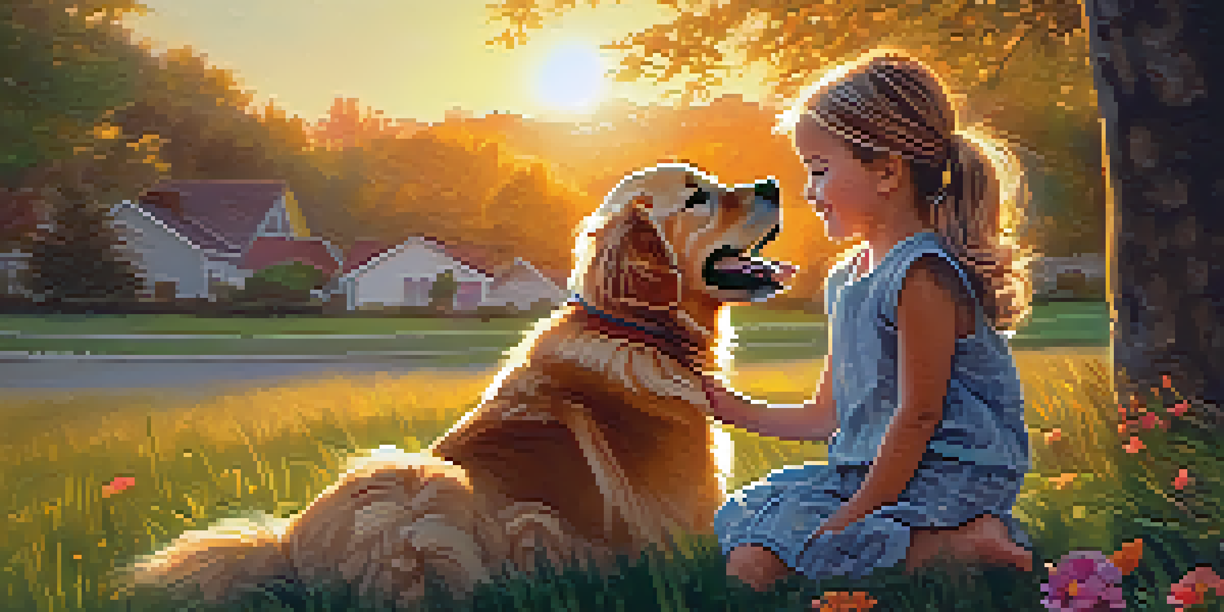 A child sitting on grass, petting a golden retriever with a sunset in the background.