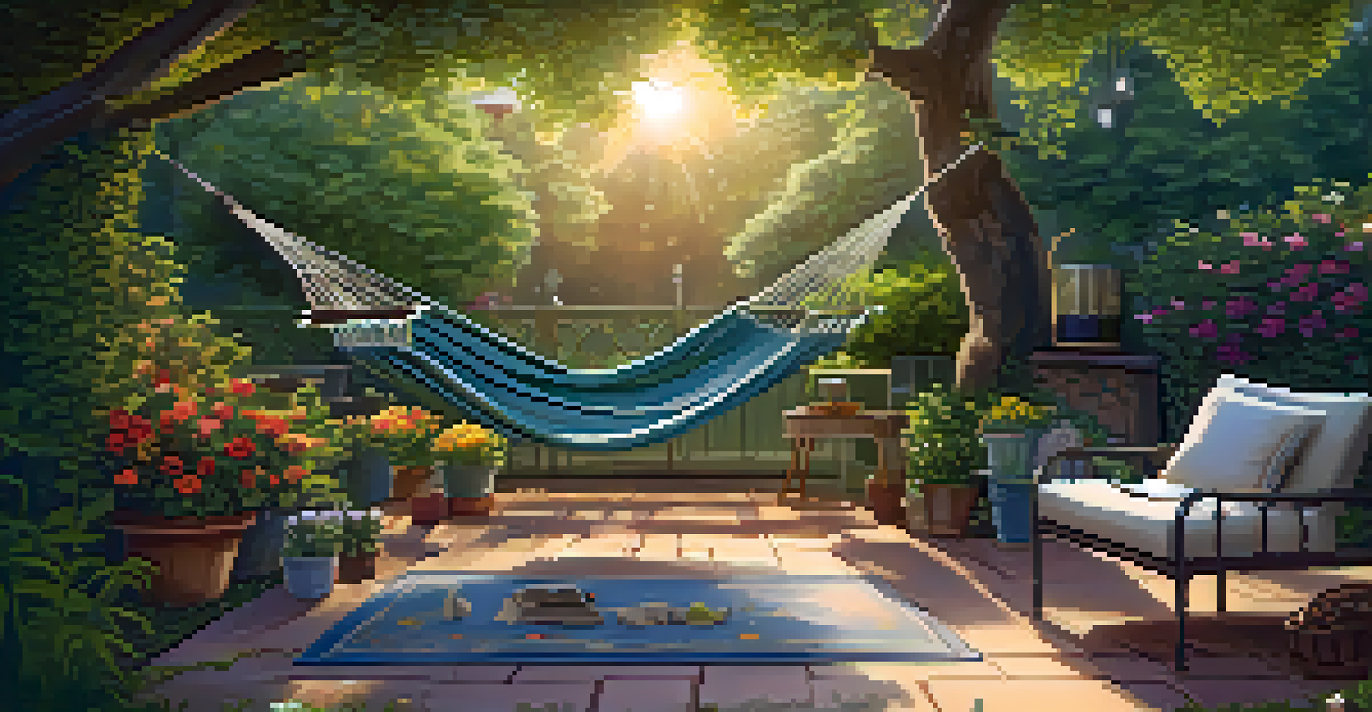 A peaceful garden with a hammock, colorful flowers, and a sunset background.