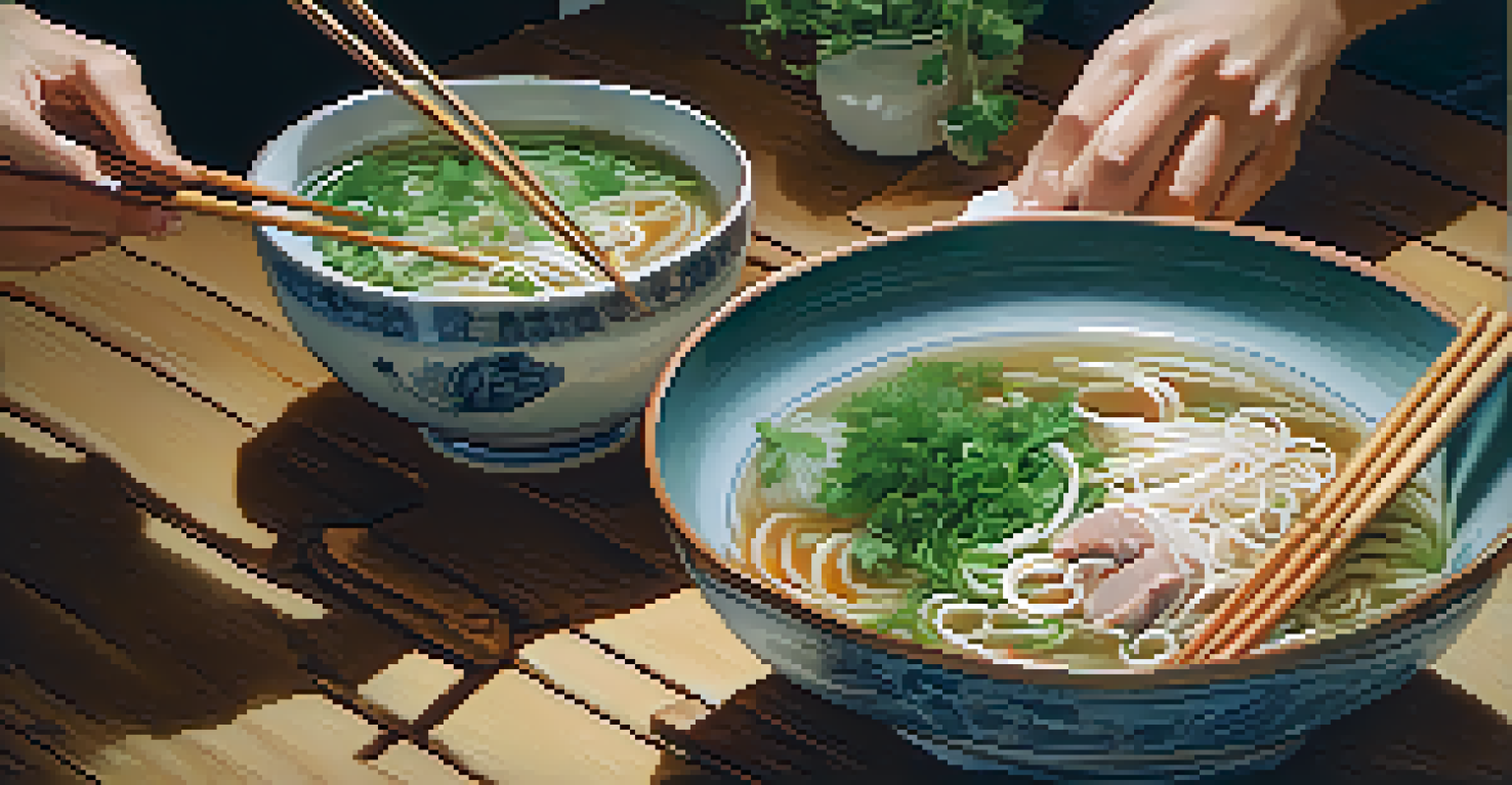A close-up of a person enjoying a bowl of pho, with fresh herbs and noodles, set on a rustic table.