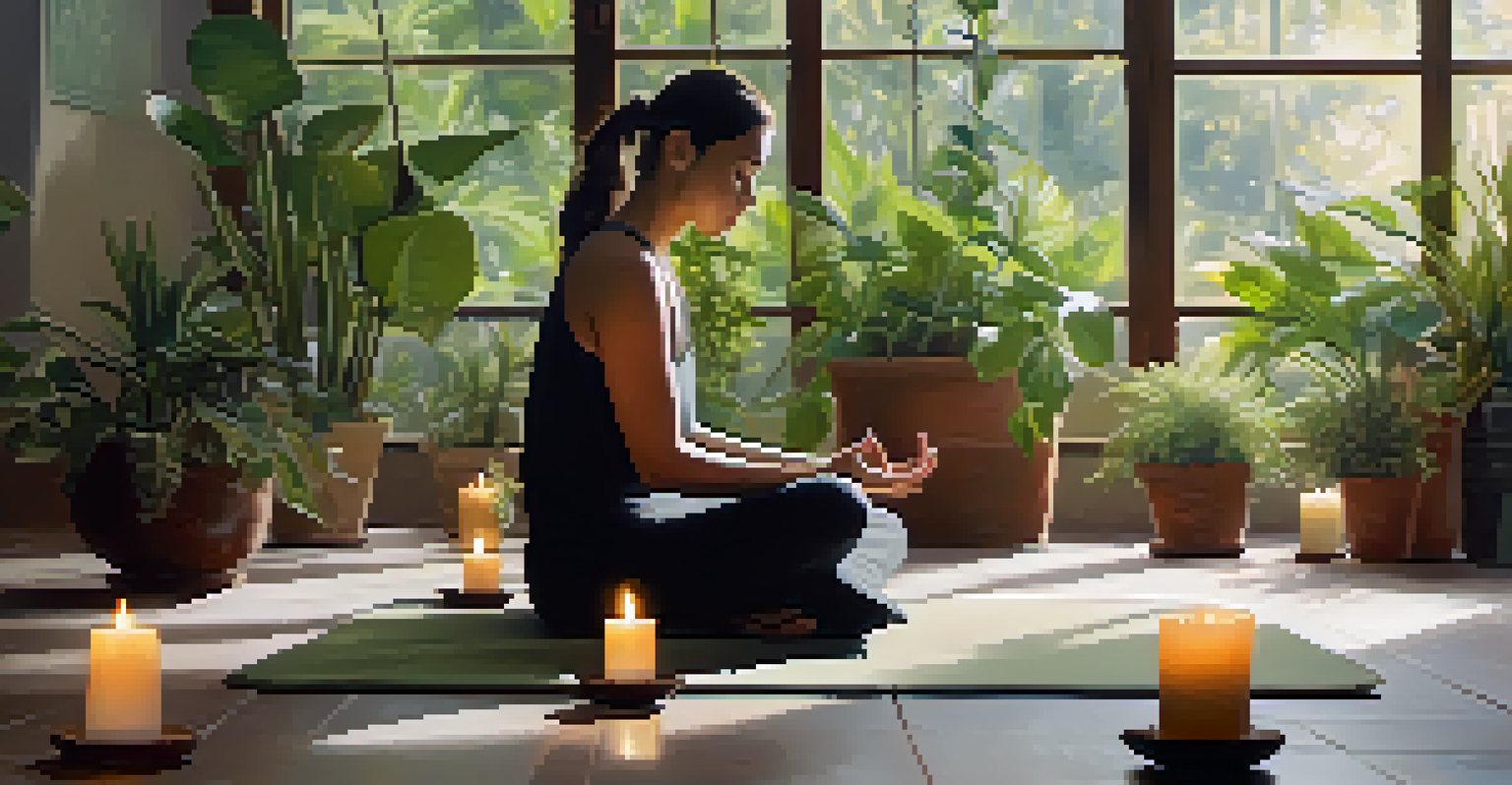 A person meditating peacefully in a serene space with candles and plants, exuding calmness and tranquility.