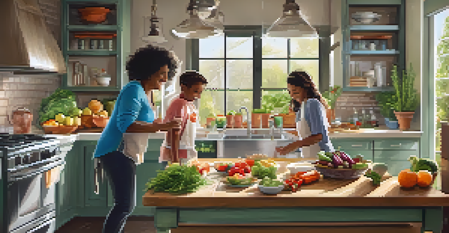 A family cooking together in a bright kitchen with fresh ingredients, creating a healthy meal.