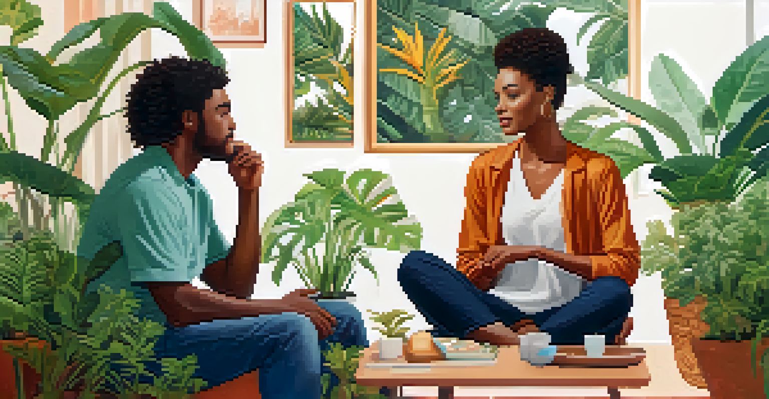 Two diverse individuals engaged in a therapy session, with a focus on active listening in a bright and inviting environment.