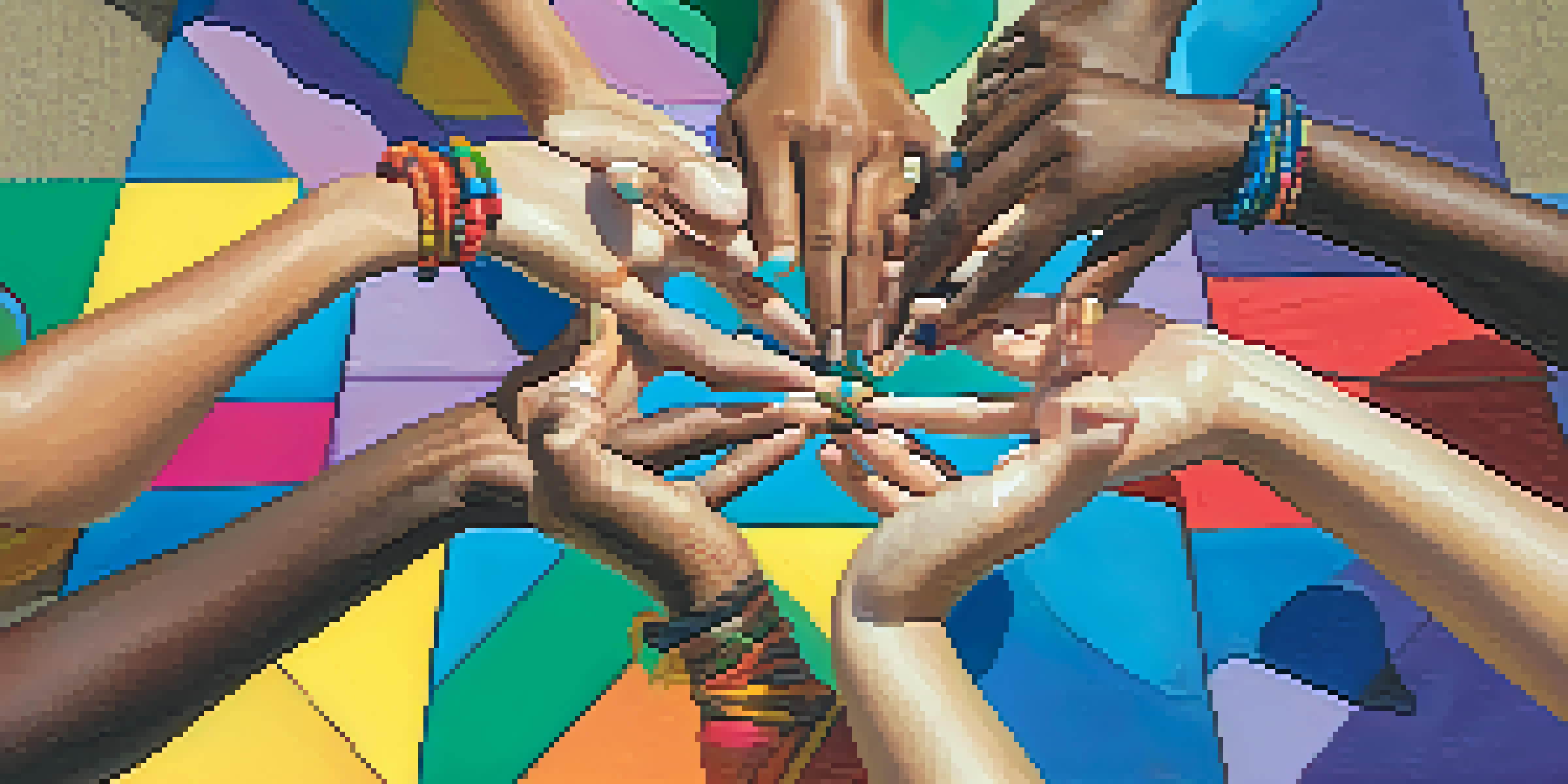 A close-up of hands forming a heart shape surrounded by yoga mats and joyful faces, symbolizing community in laughter yoga.
